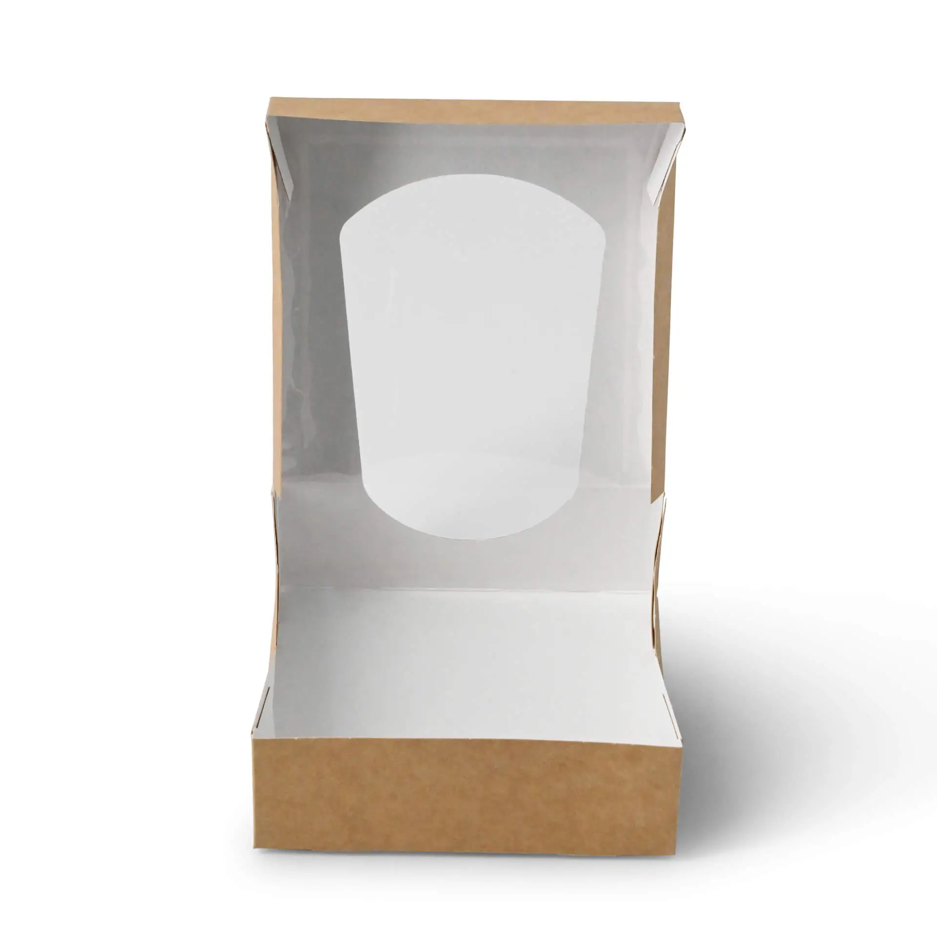Brown cardboard window box with a cellulose window, measuring 12 x 12 x 4 cm, with a white interior.