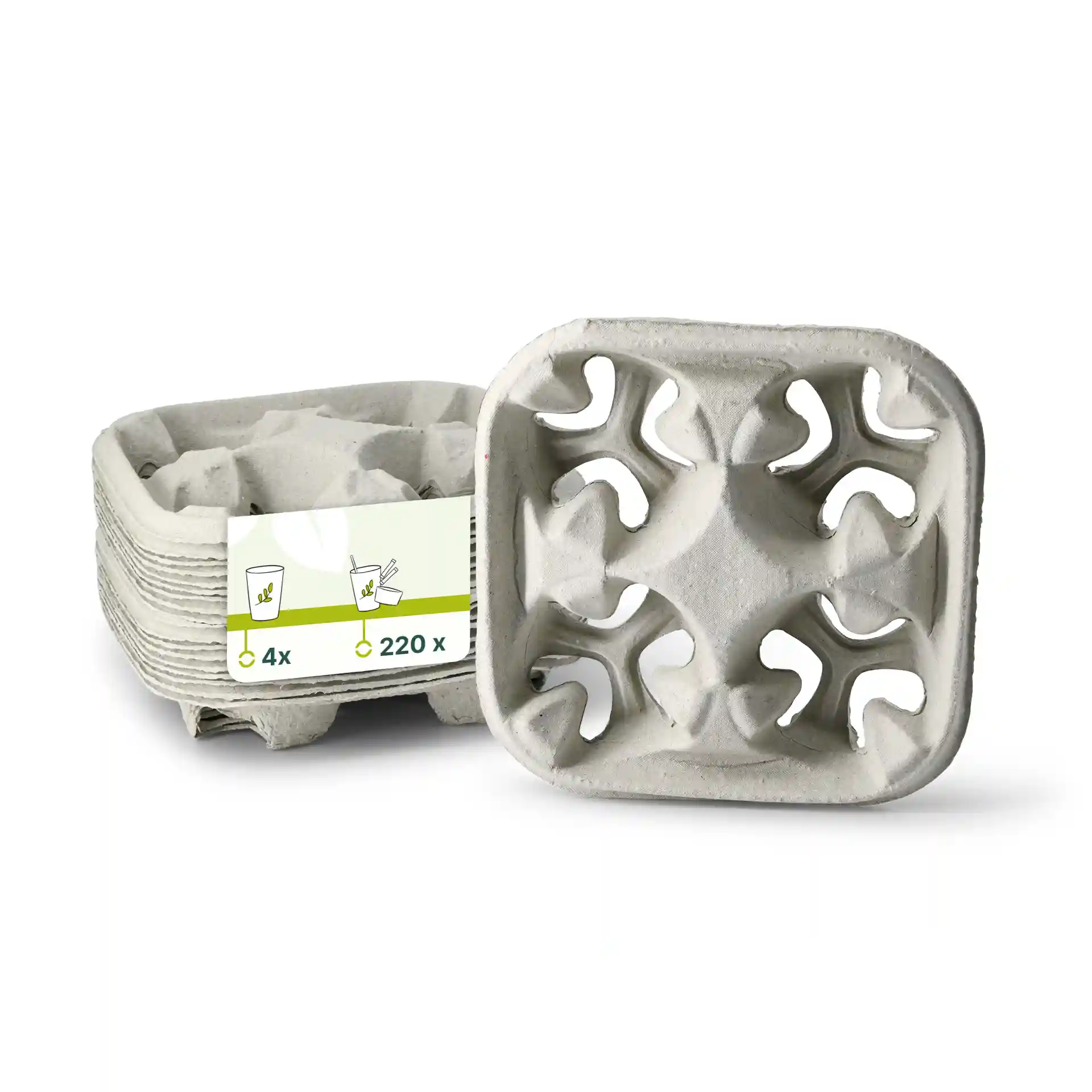 Cardboard cup holder with four compartments, unbleached paperboard, dimensions 210mm x 210mm x 49mm.
