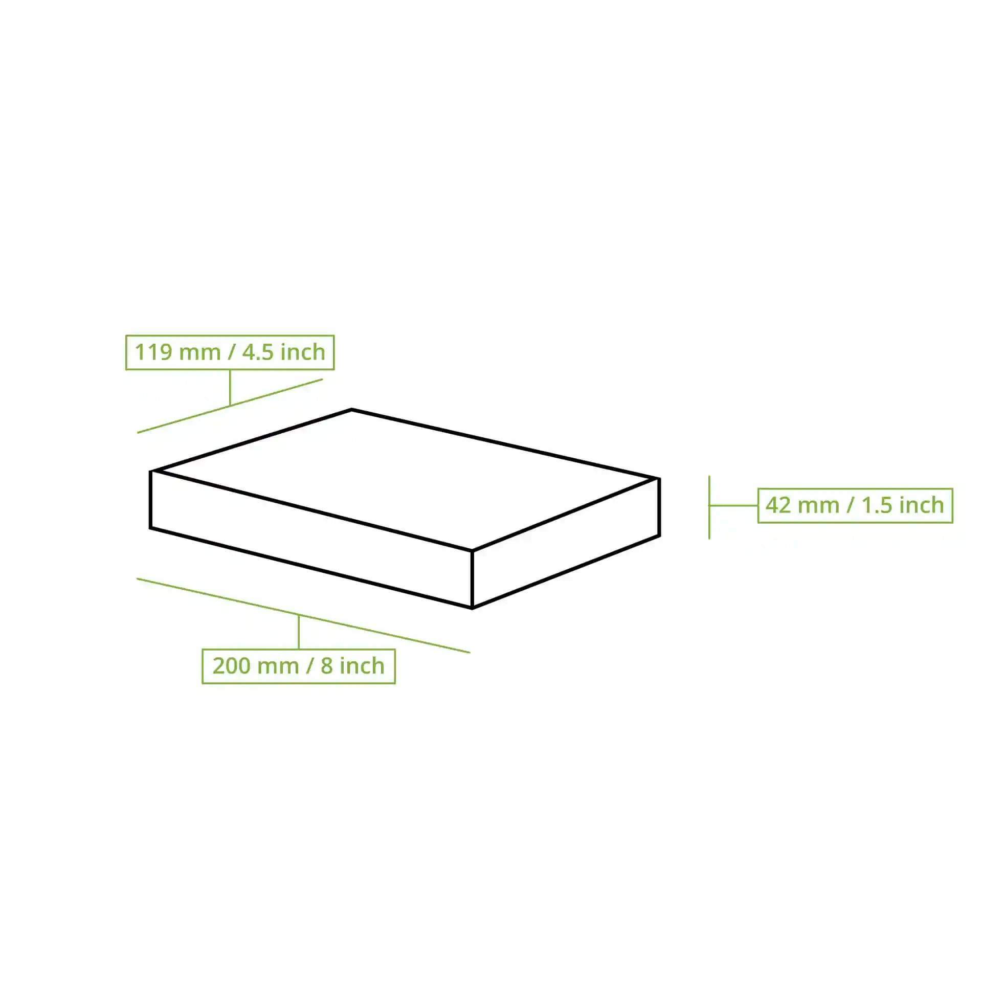Schematic drawing of a rectangular box with dimensions labeled: 120 mm length, 200 mm width, and 42 mm height.