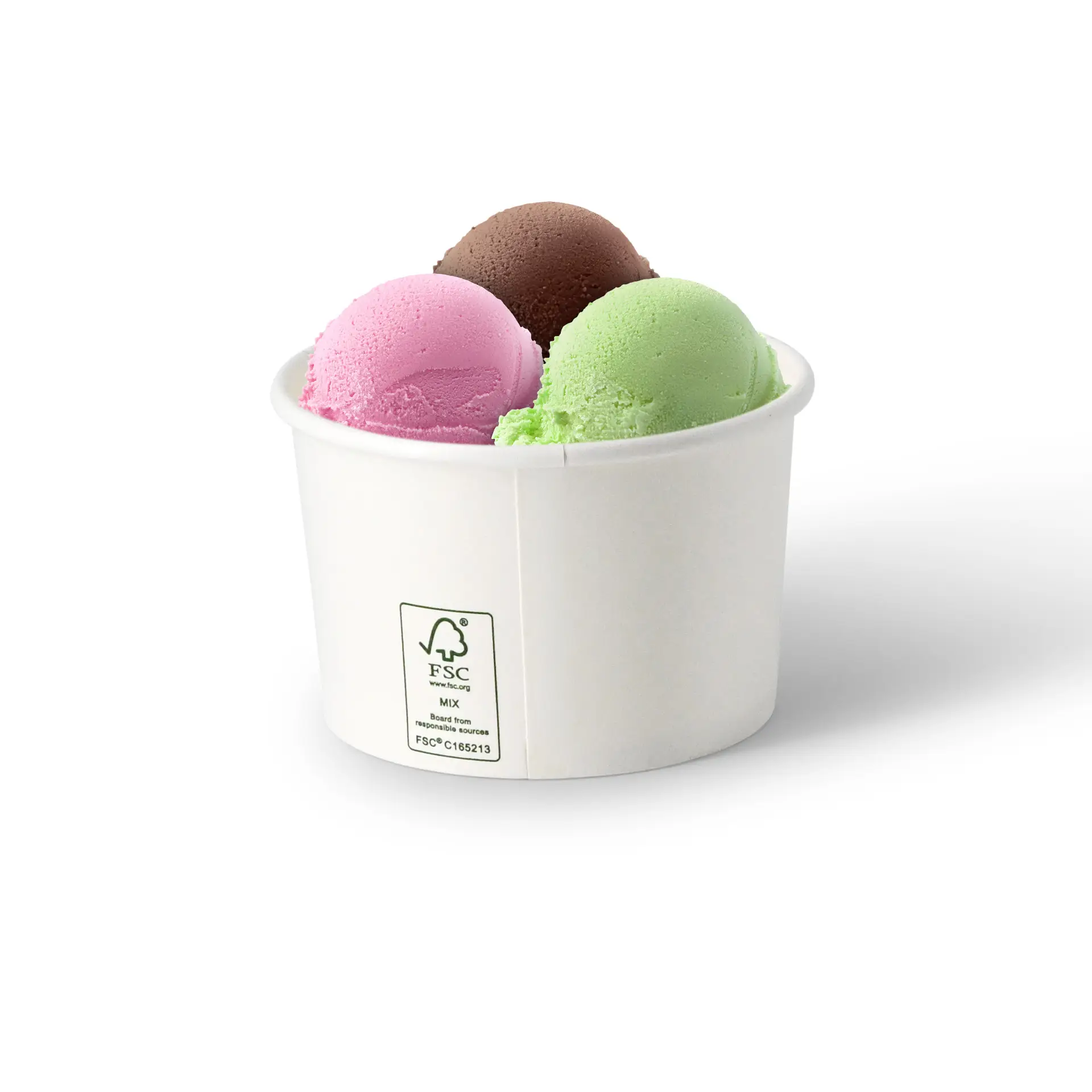 Three scoops of ice cream in a white paper cup, featuring pink, green, and brown flavors; cup is FSC-certified and biodegradable.
