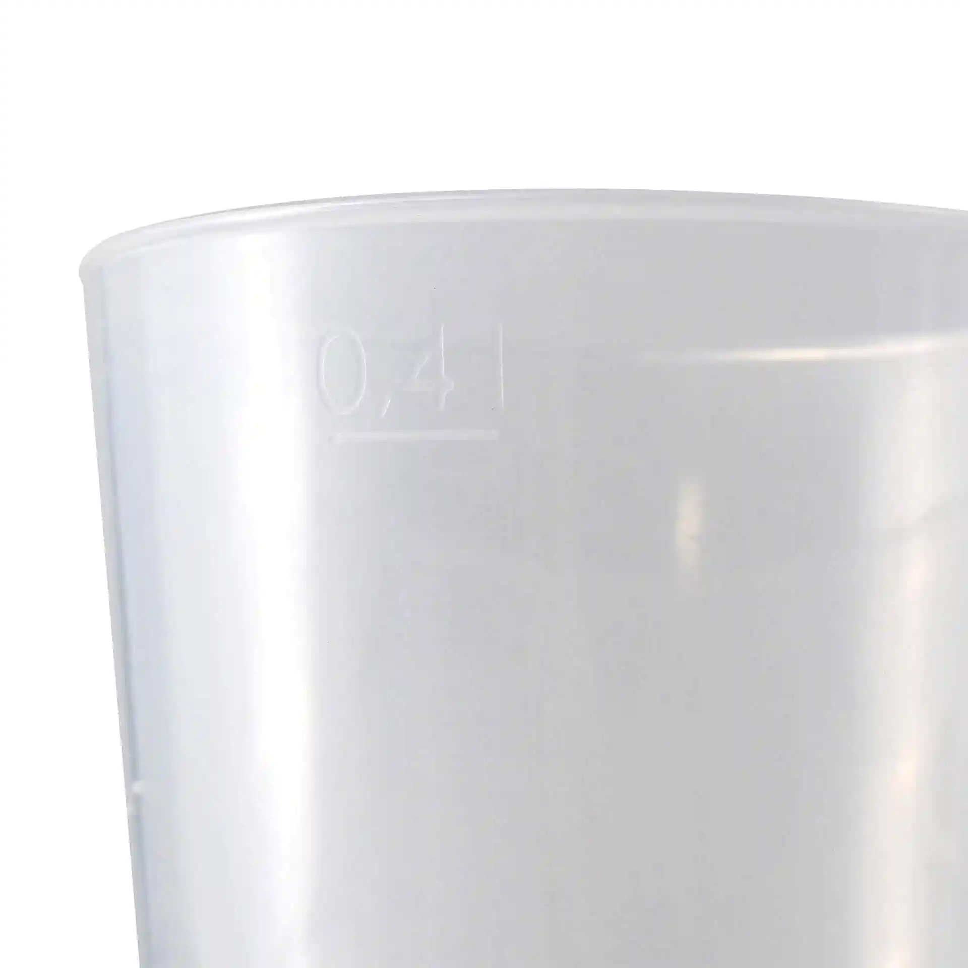 Clear reusable cup with a height of 134 mm and a diameter of 85 mm, showing a measurement marking of 0.41.