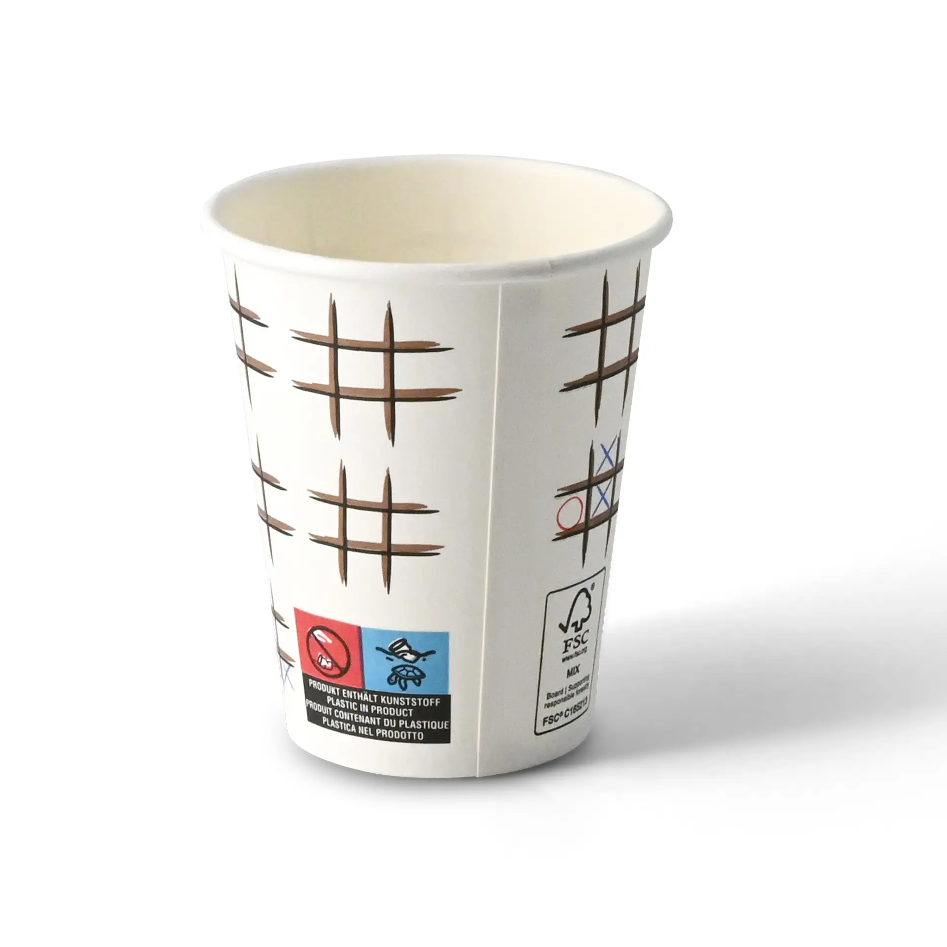 A white 200 ml paper cup with a playful Tic Tac Toe print; suitable for hot and cold beverages.