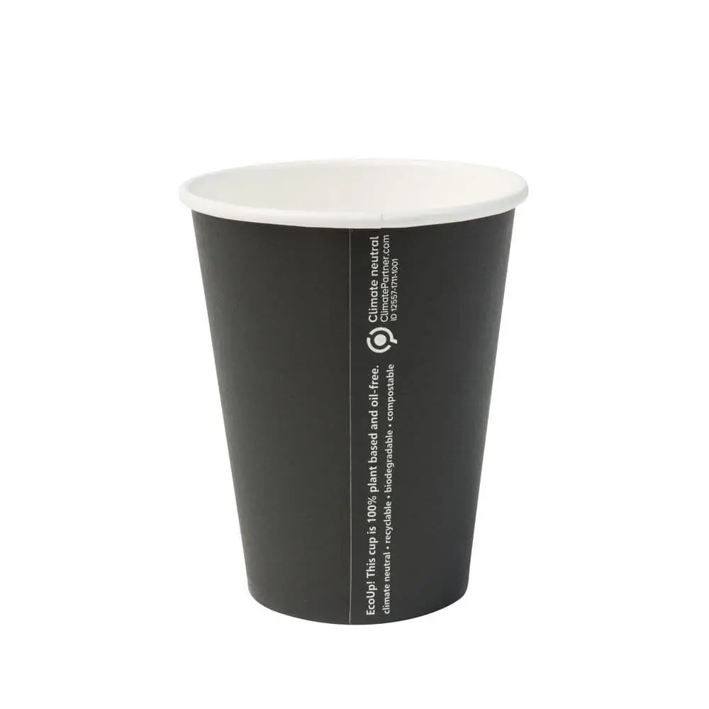 Black single-wall paper cup, 300 ml size, PLA-coated, suitable for hot and cold drinks, eco-friendly design.
