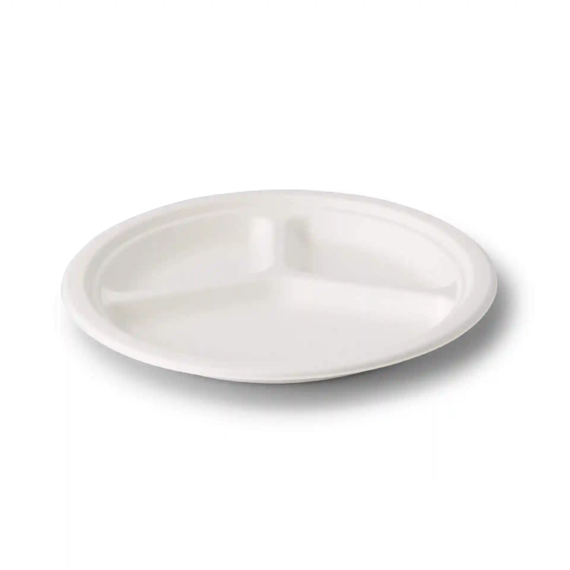 Round white sugarcane menu plate with three compartments, diameter of 26 cm and height of 28 mm.