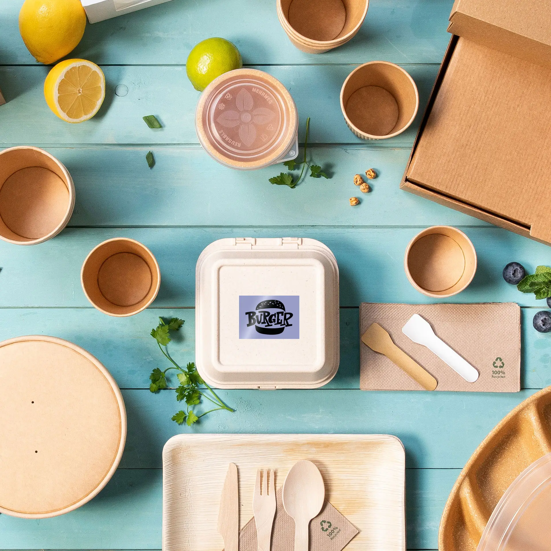 Various disposable food containers, utensils, and garnishes scattered on a blue wooden surface with a labeled burger box visible.