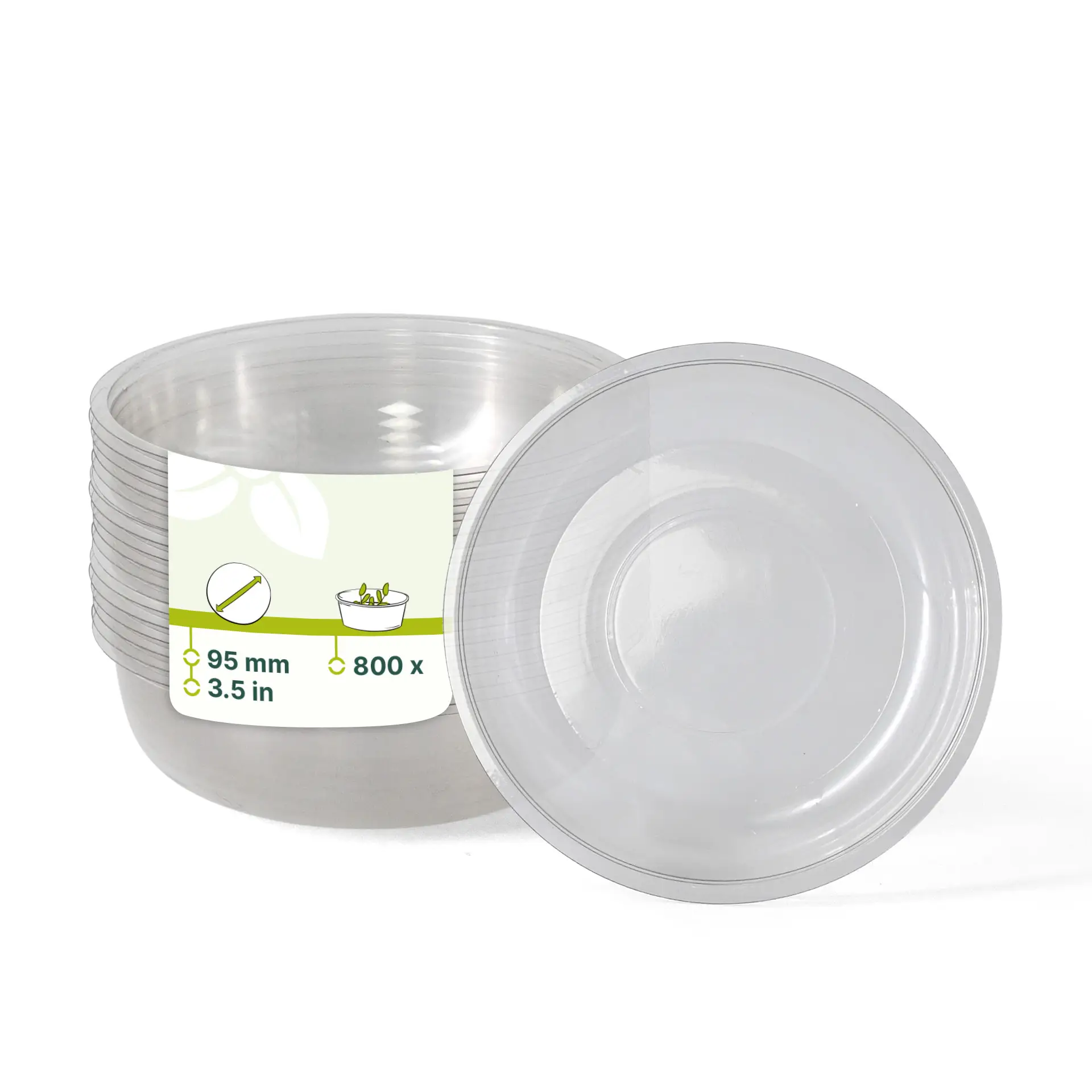Clear PET insert cups stacked with a label showing dimensions and volume, with one cup positioned upright.