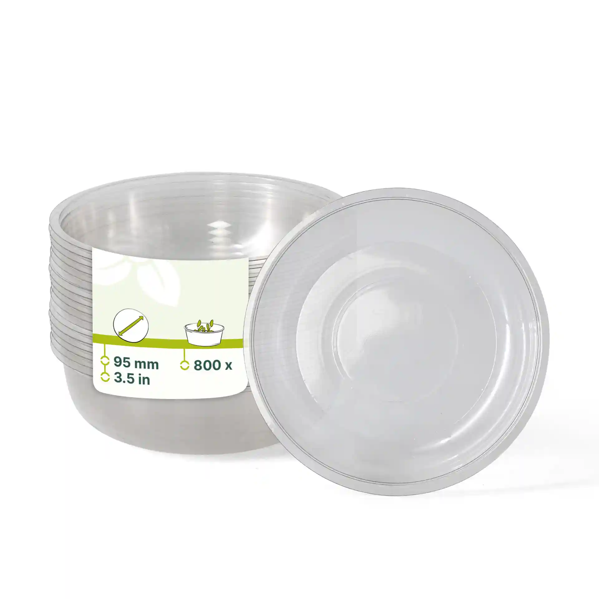 Clear PET insert cups stacked, each with a diameter of 95 mm and a brimful volume of 130 ml.