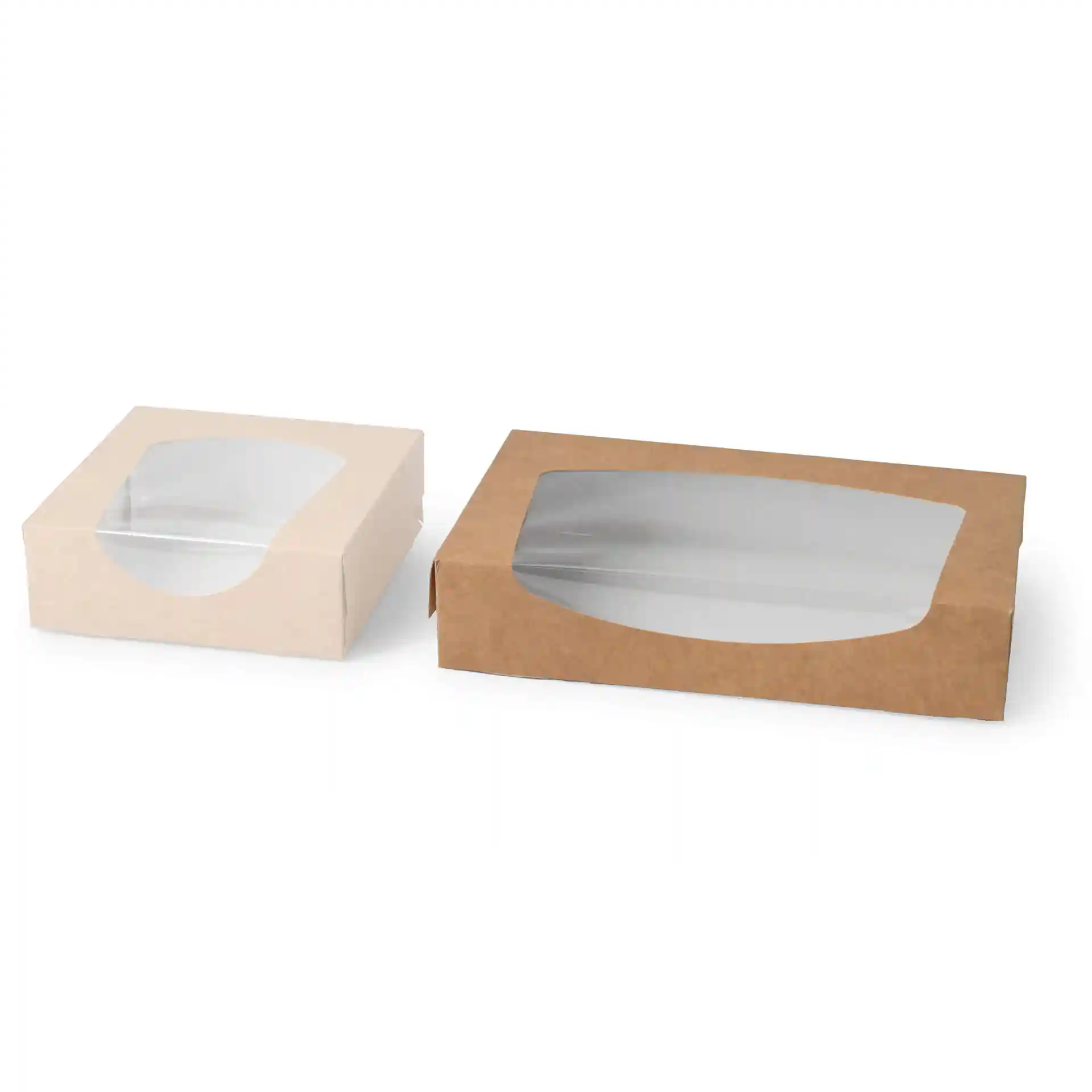 Two cardboard window boxes, one brown and one white, with clear plastic windows, measuring 20 x 12 x 4 cm.