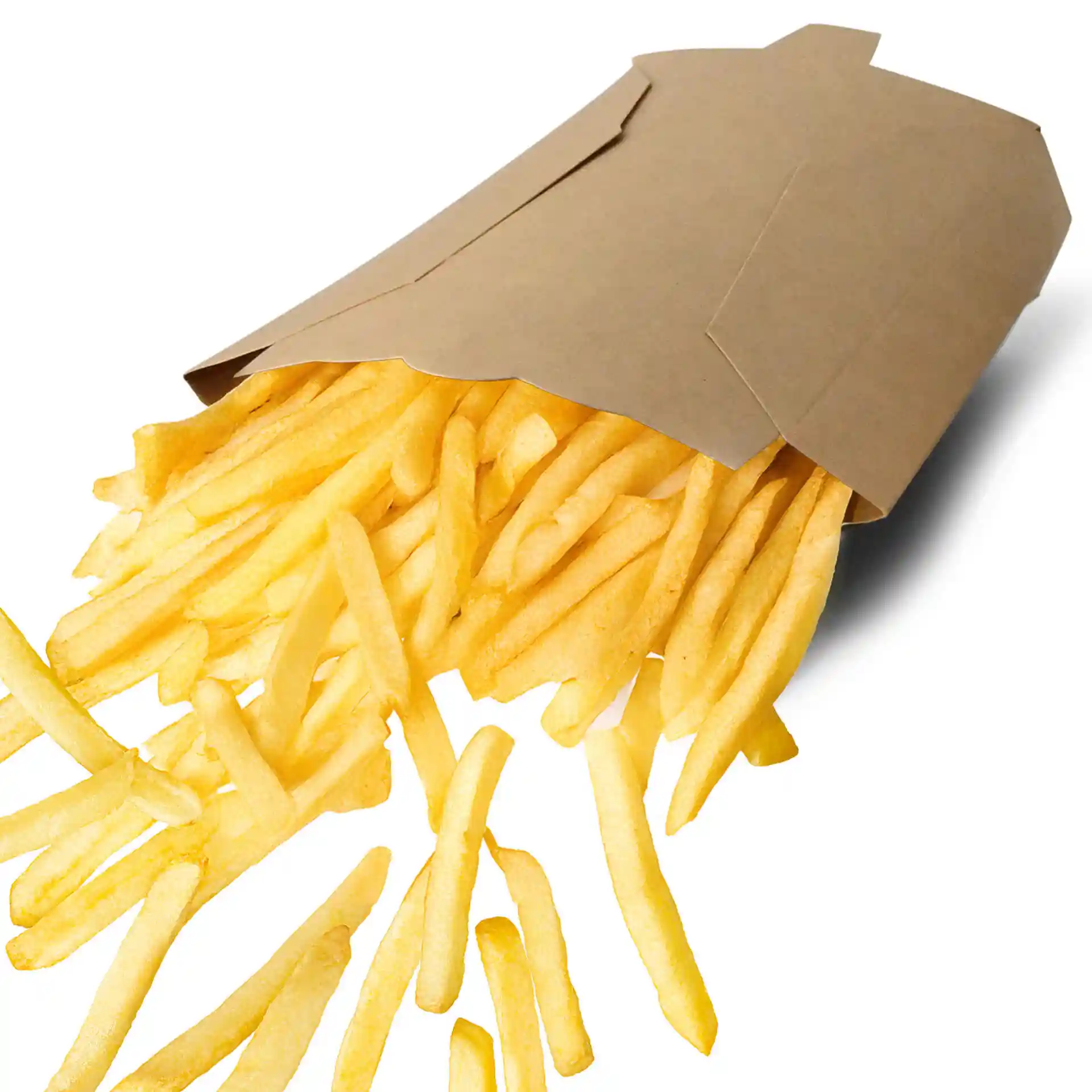 Brown cardboard chip scoop with fries spilling out, dimensions 8 x 5.5 x 11 cm.