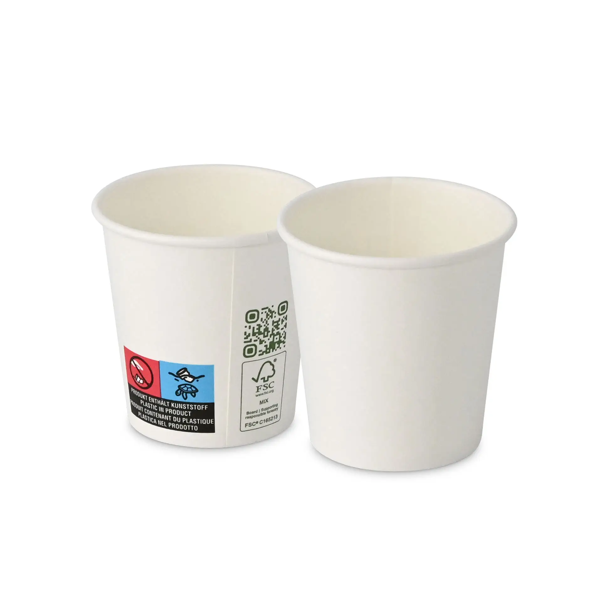 Two white paper cups with a single wall, 100 ml capacity, and visible labels on the side.