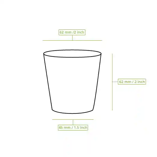 Schematic drawing of a paper cup with dimension lines indicating a height of 60 mm and a diameter of 62 mm.