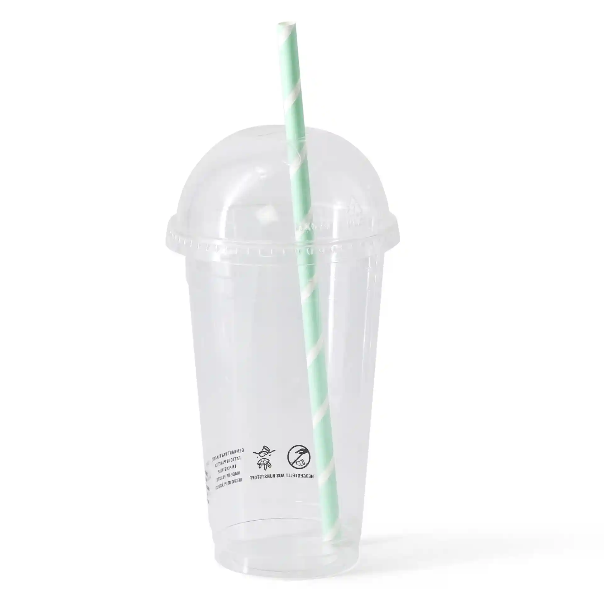 Clear plastic cup with a dome lid and a green striped straw, diameter 95 mm at the top.