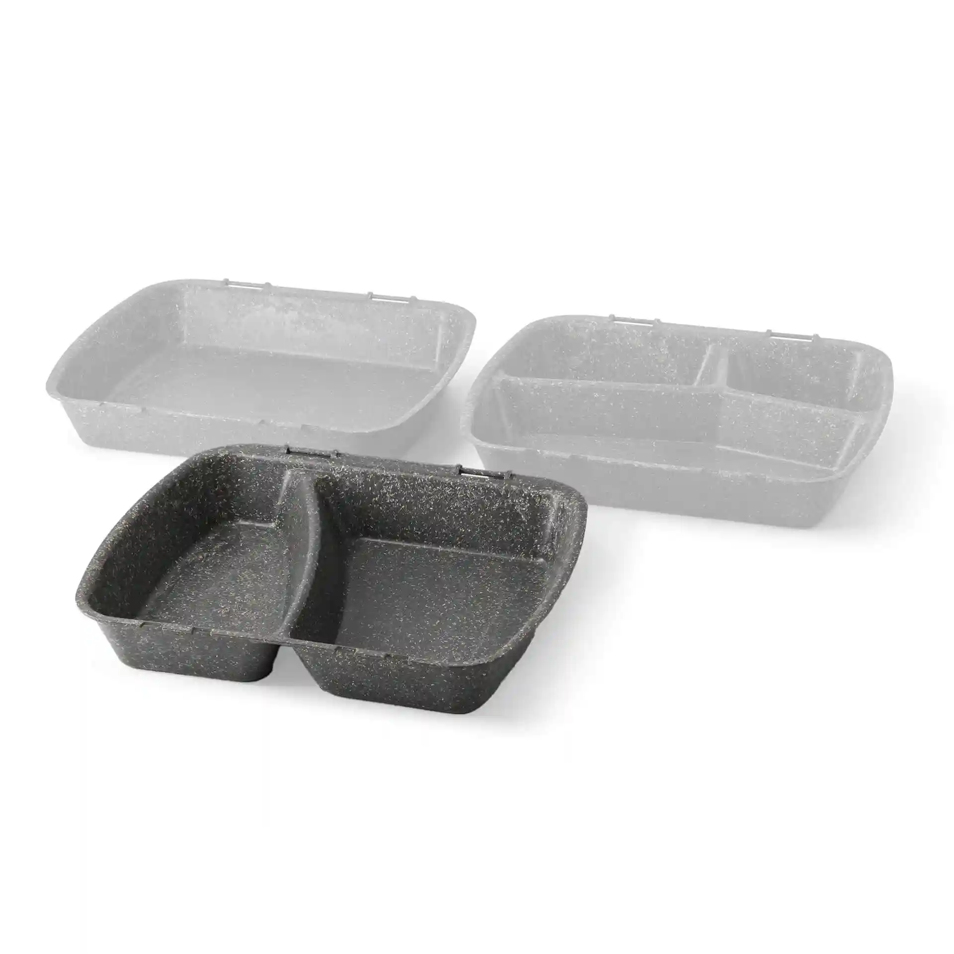 Reusable meal container with two compartments, grey color, dimensions 24.5 x 20 x 4.5 cm.
