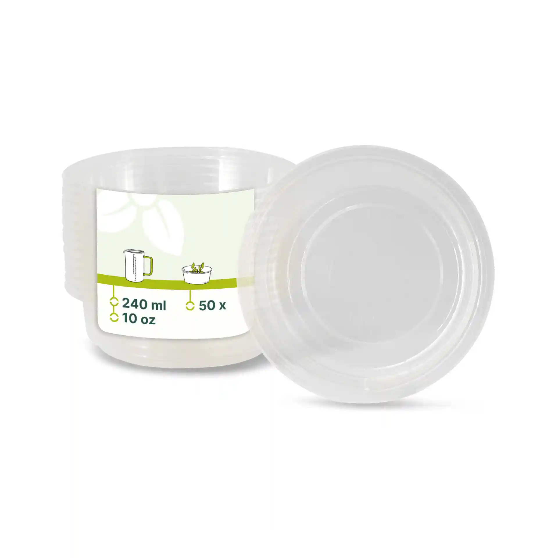 Transparent round deli container with a volume of 240 ml, showing the lid and a label with illustrations.