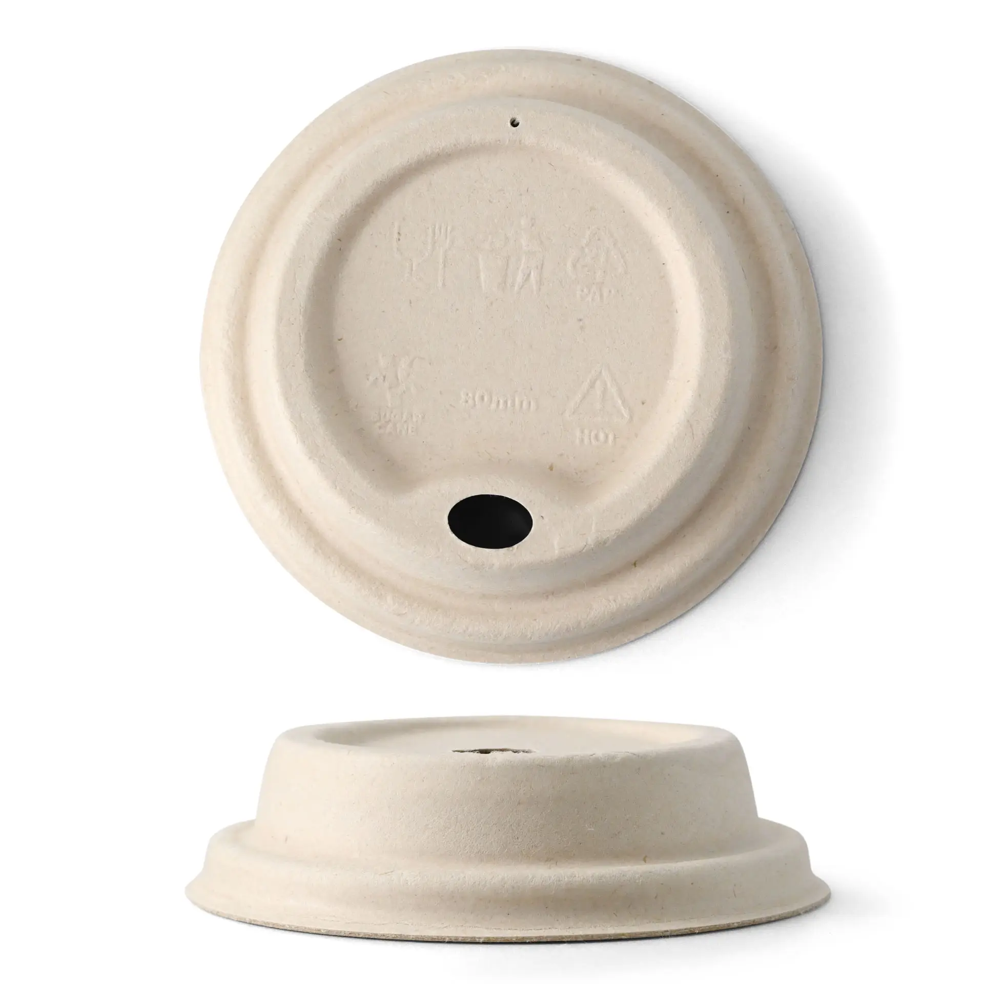 Brown sugarcane lid for paper cups, 80 mm diameter, features a drinking opening and is suitable for hot and cold beverages.