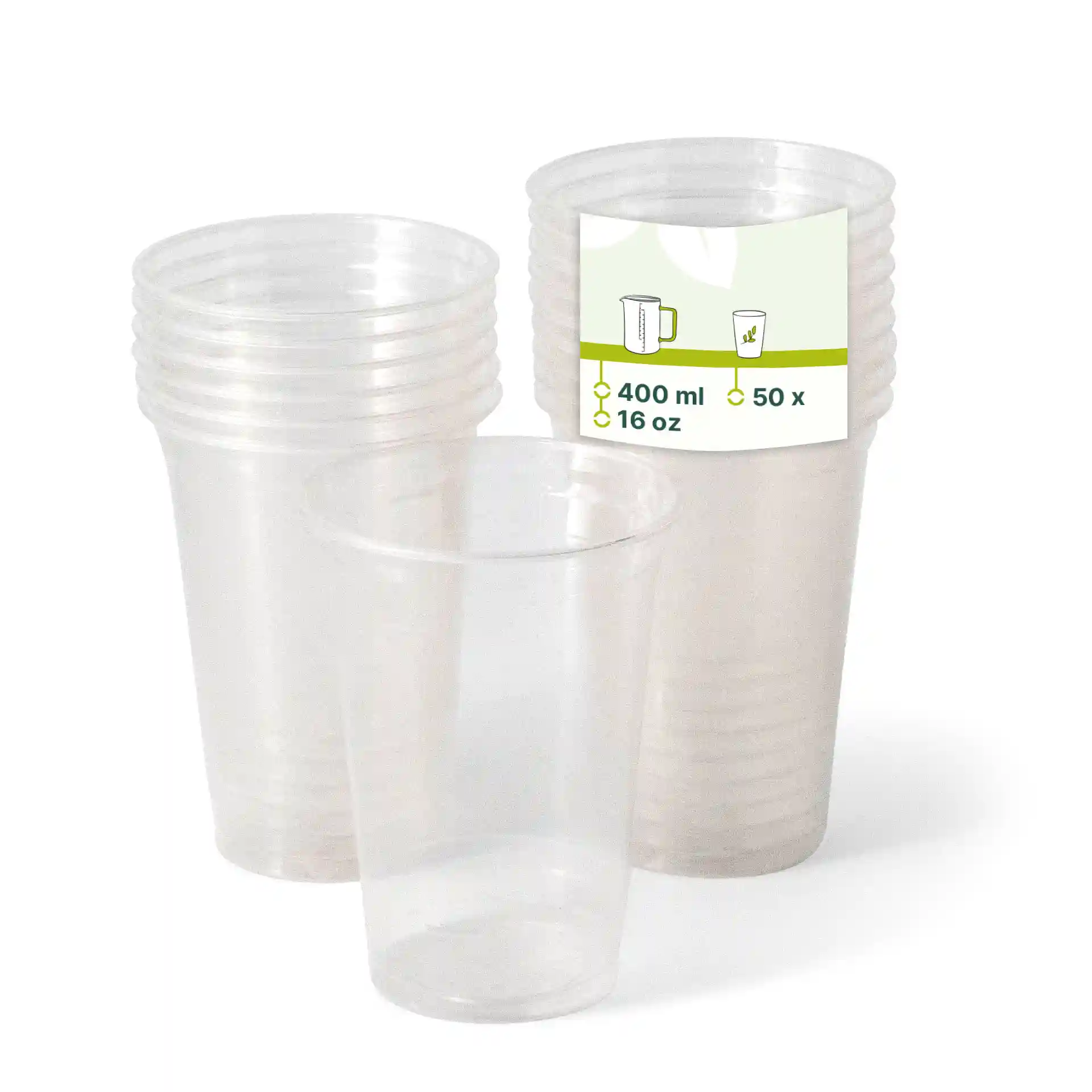 Transparent plastic cups stacked, with one cup in front and a label showing 400 ml capacity and 50 count.