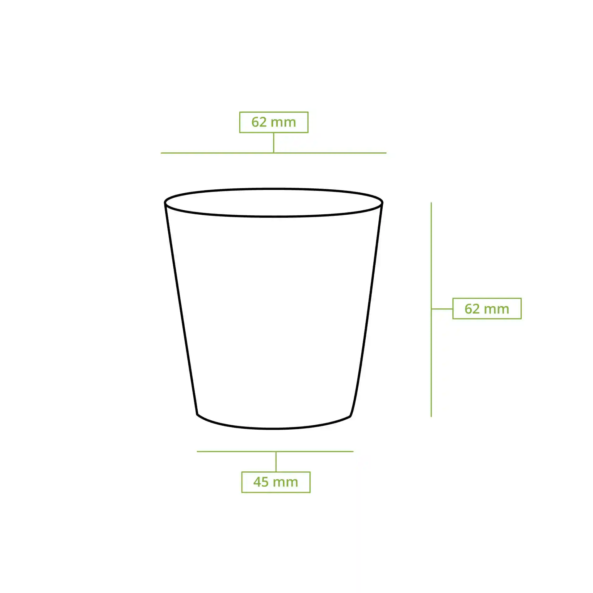 Schematic drawing of a round paper cup with dimensions: 62 mm top diameter, 45 mm bottom diameter, and 60 mm height.