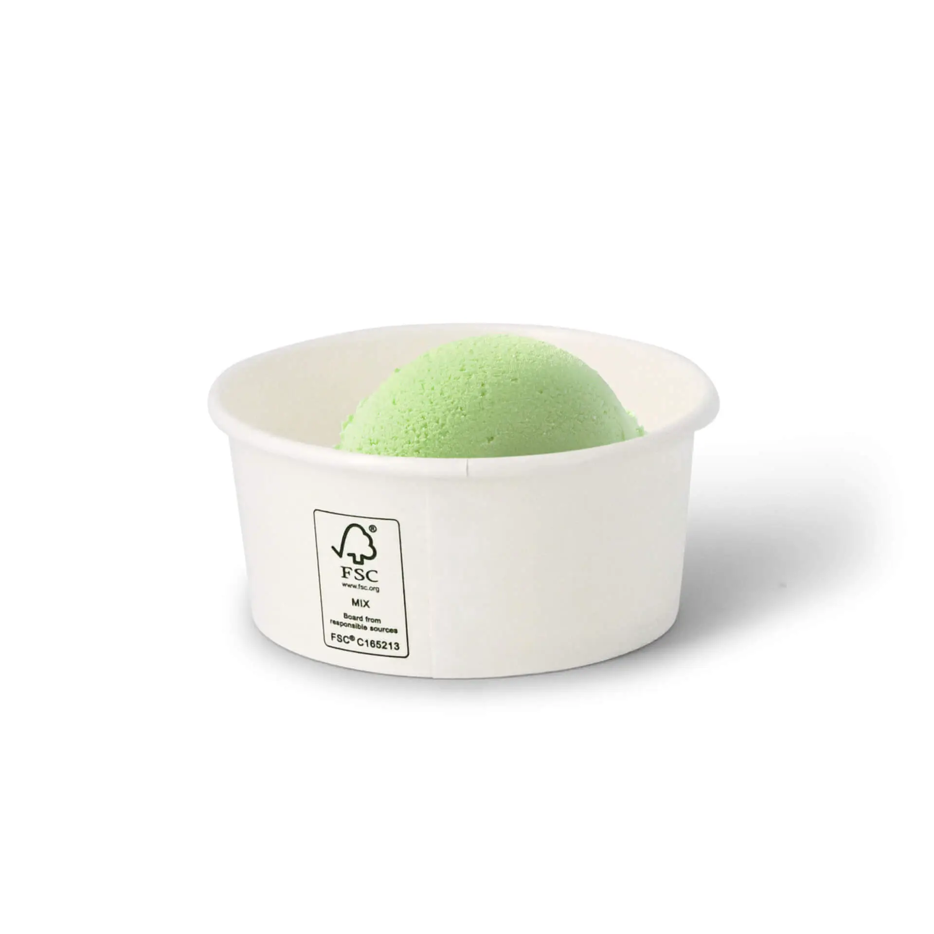 Round white paper ice cream cup with a green scoop of ice cream inside.