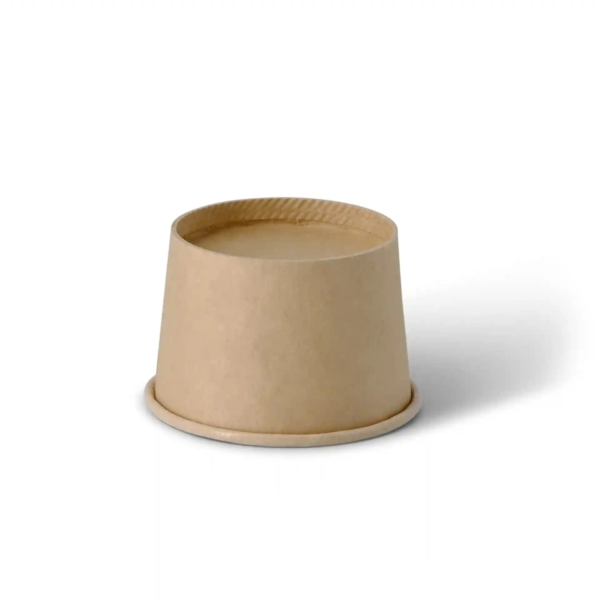 Brown round deli container made of cardboard, 40 ml volume, with a diameter of 62 mm at the top.