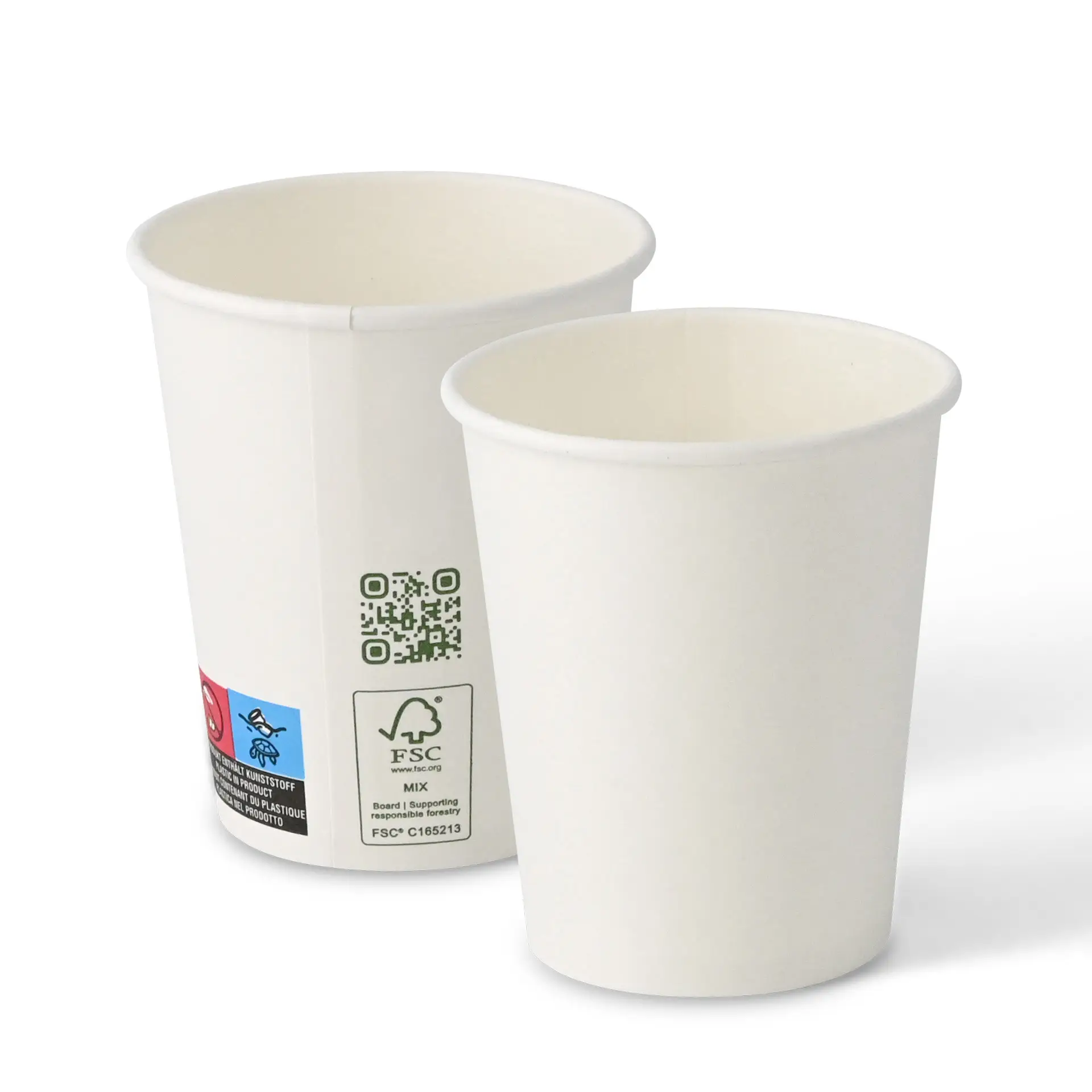 Two white paper cups, 200 ml capacity, with a single wall and PLA coating, shown from the side on a plain background.