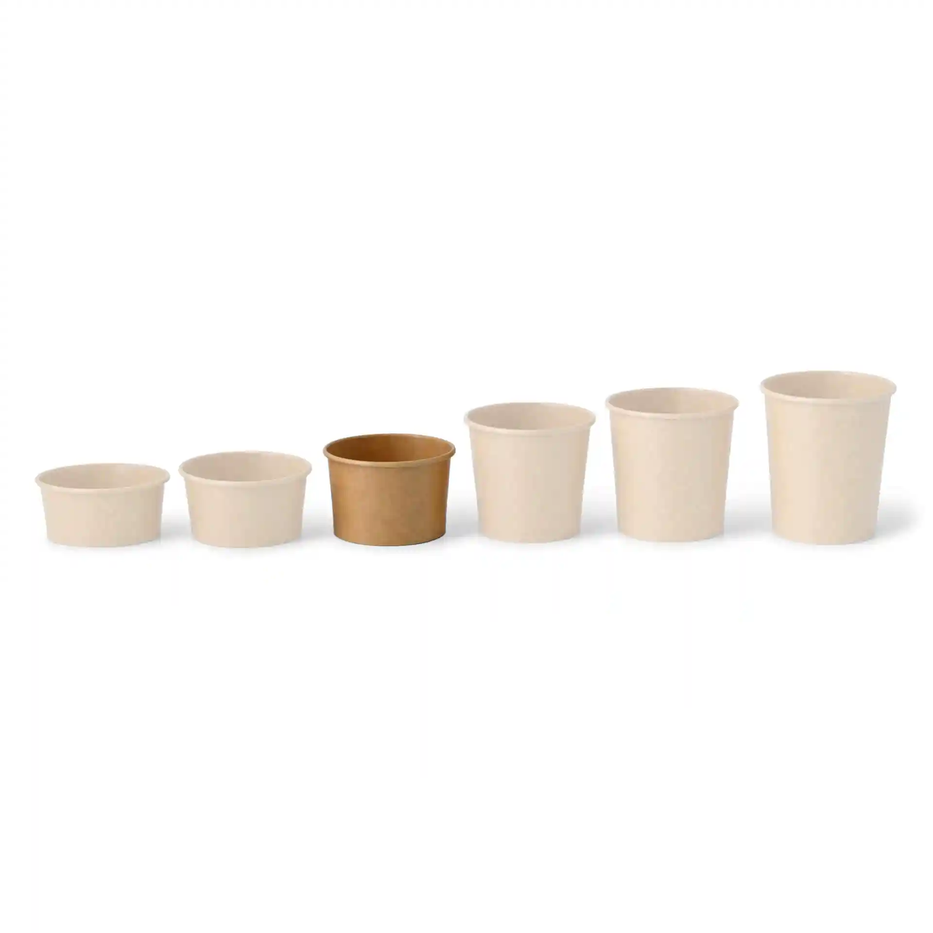 Set of six round paper cups in varying sizes, with one brown cup among the beige cups.