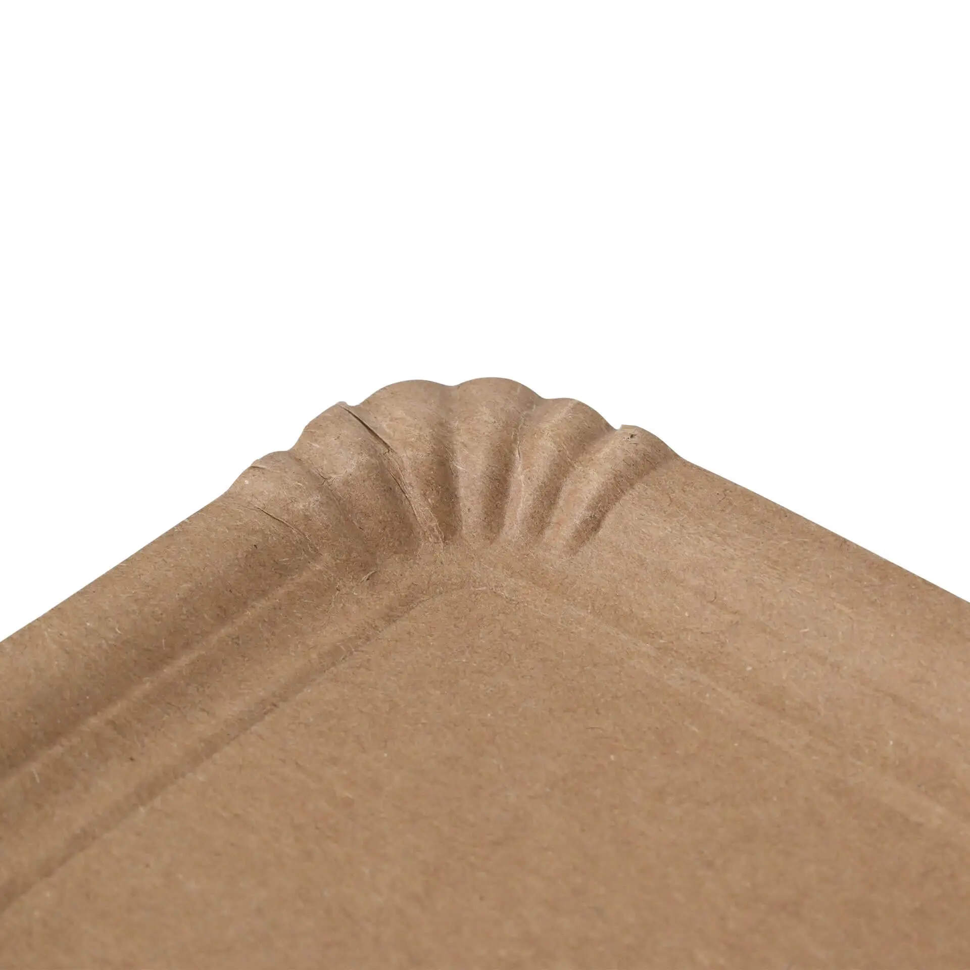Close-up of a brown rectangular cardboard plate with a decorative edge.