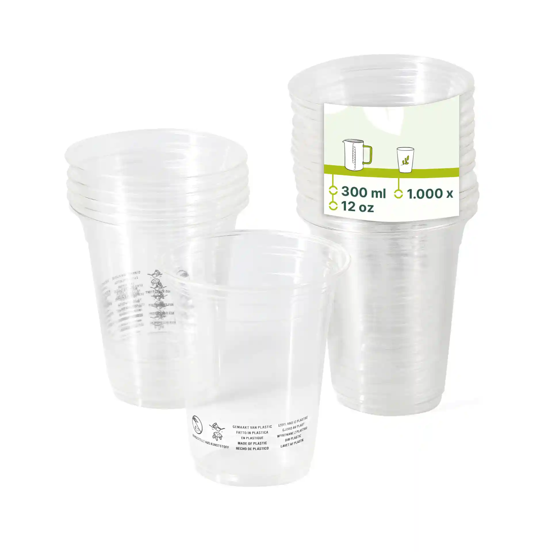 Clear plastic cups stacked together, with one cup in front, showing a label indicating 300 ml capacity and 12 oz size.