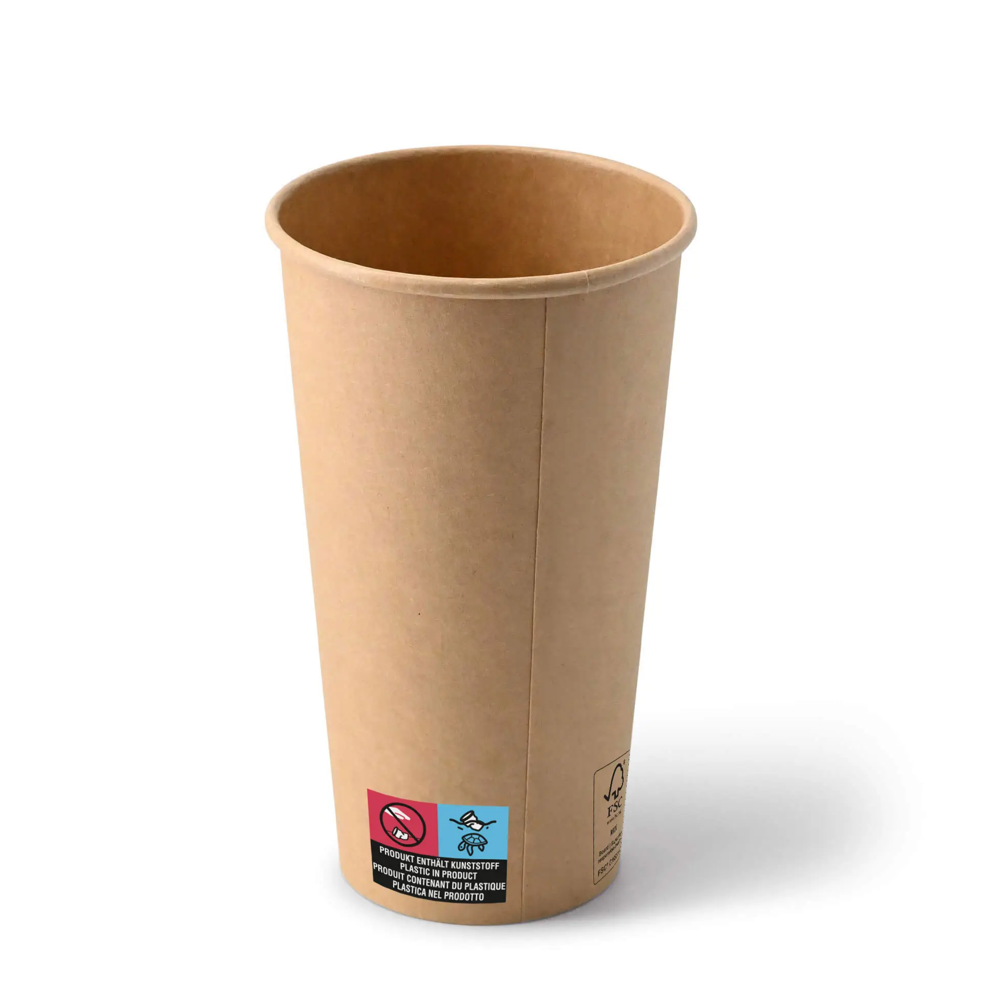 20 oz brown paper cup with a classic design; label showing eco-friendly features and recycling information.