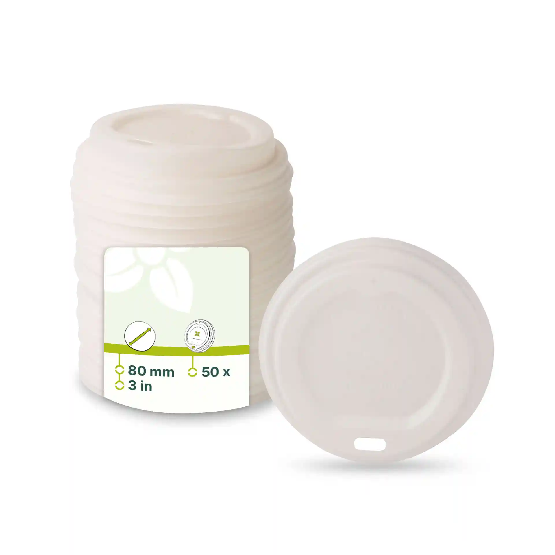 White CPLA lid with a drinking hole, 80 mm diameter, shown with a stack of similar lids.