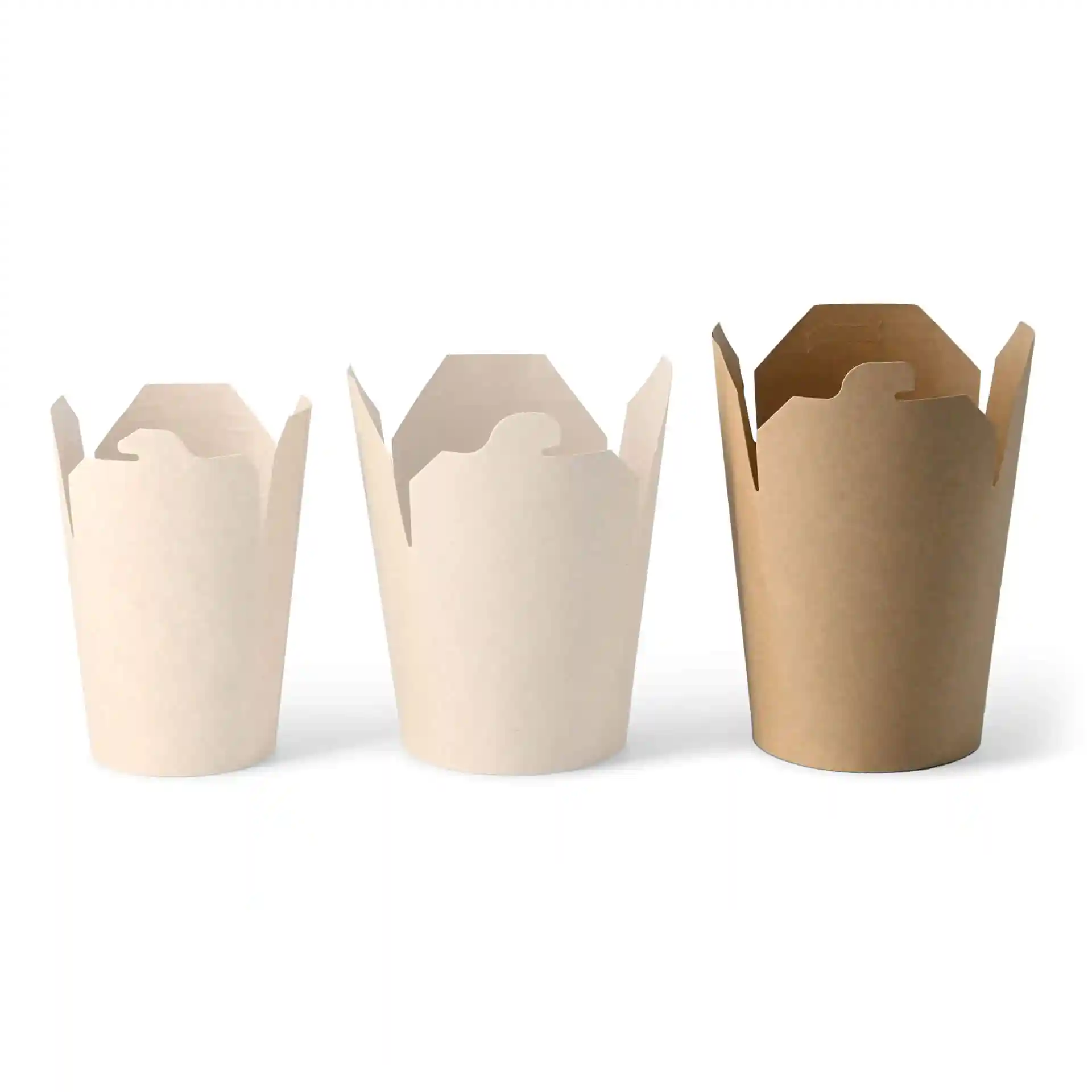 Image of three noodle boxes in different sizes, two in light colors and one in brown, made of cardboard.