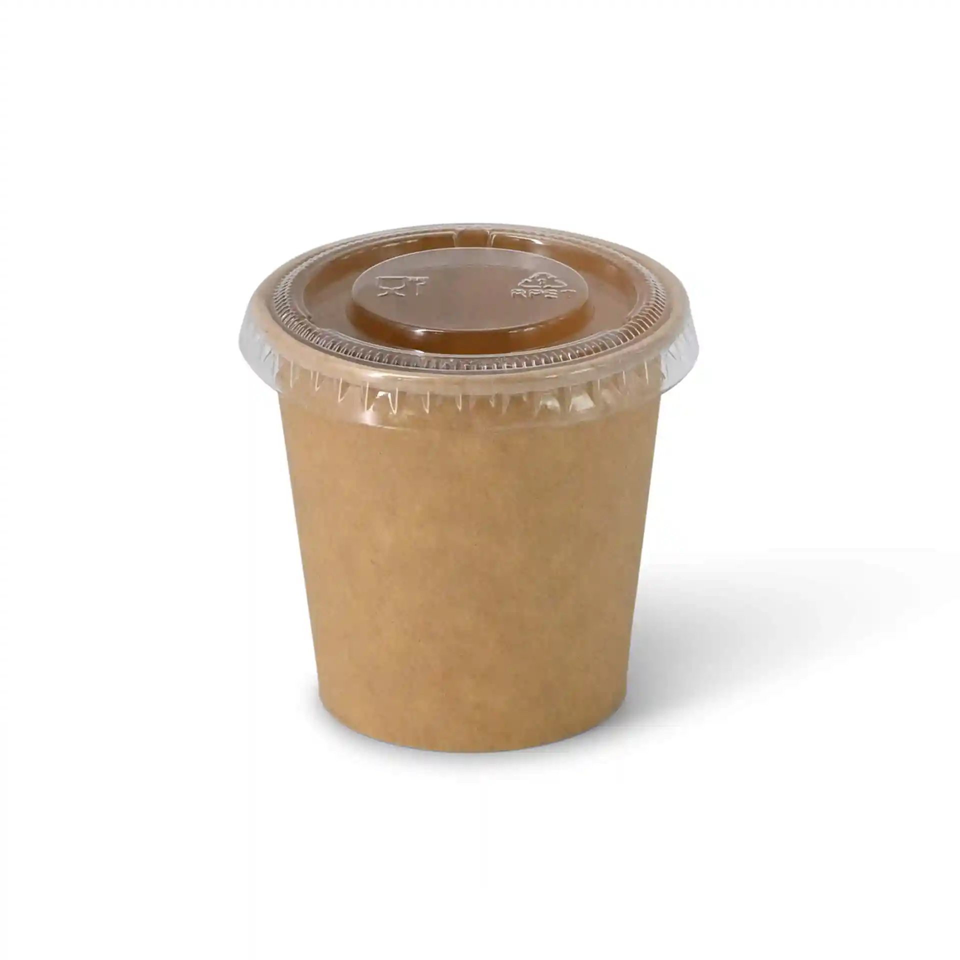 Brown paper portion cup with a clear plastic lid, 75 ml capacity, unbleached paperboard material.