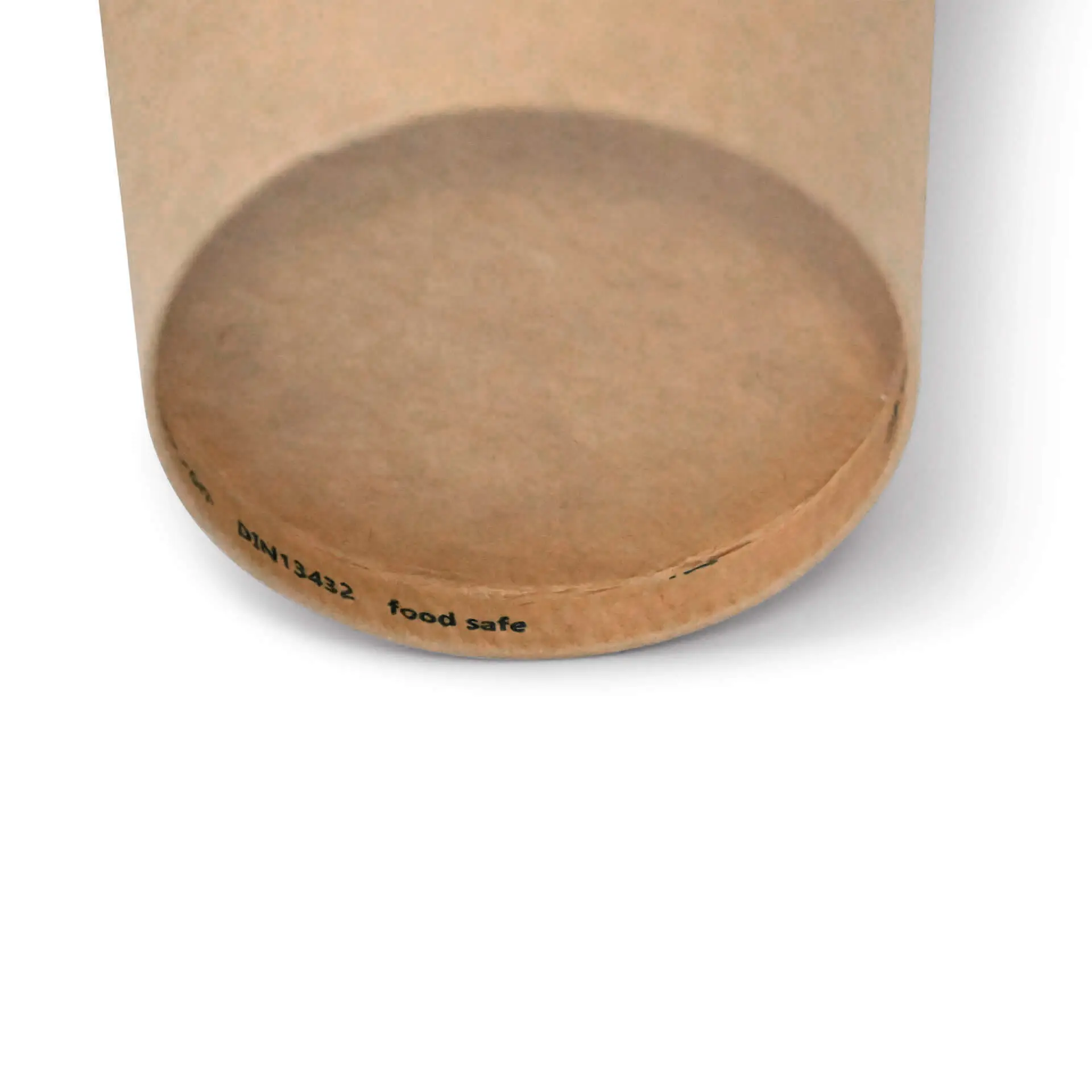 Round brown paper cup with a PE coating, showing the base with a label and text markings.