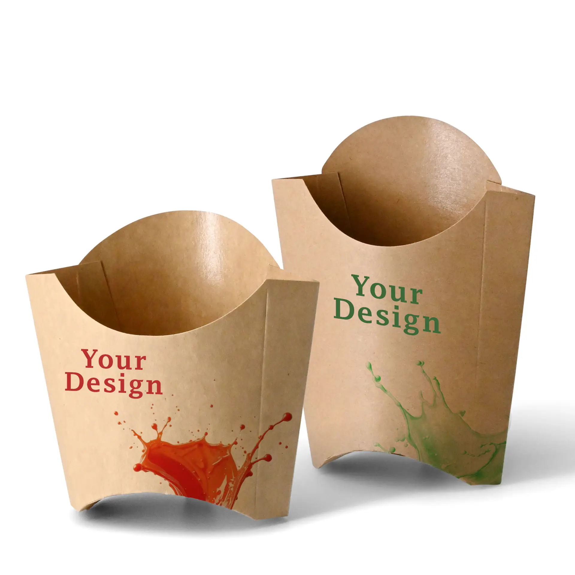 Custom printed chip trays in brown cardboard; one features a red splash design, the other a green splash design.