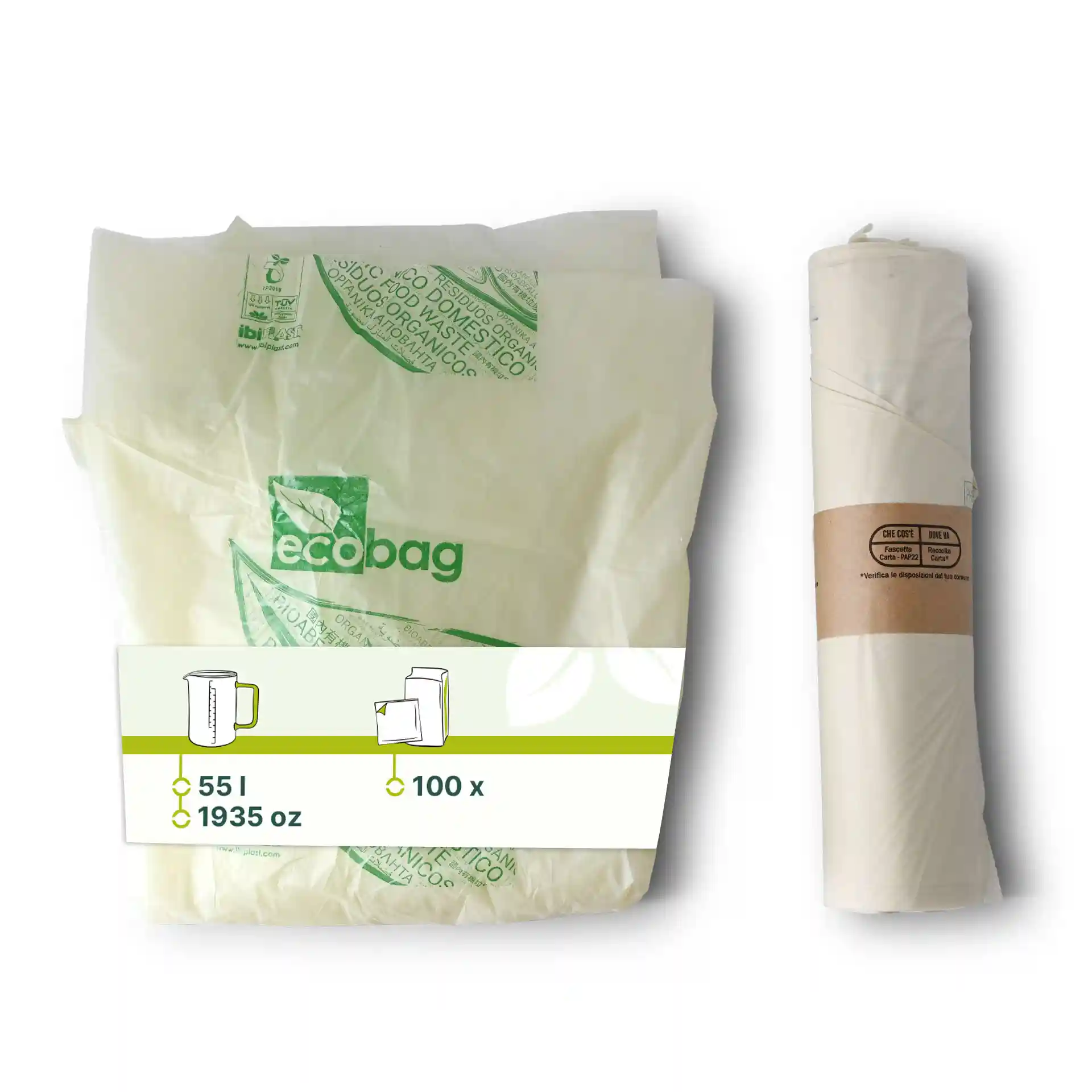 Transparent bio bin bags made of PLA, measuring 70x70 cm, with a capacity of 55 liters, packaged in a roll.
