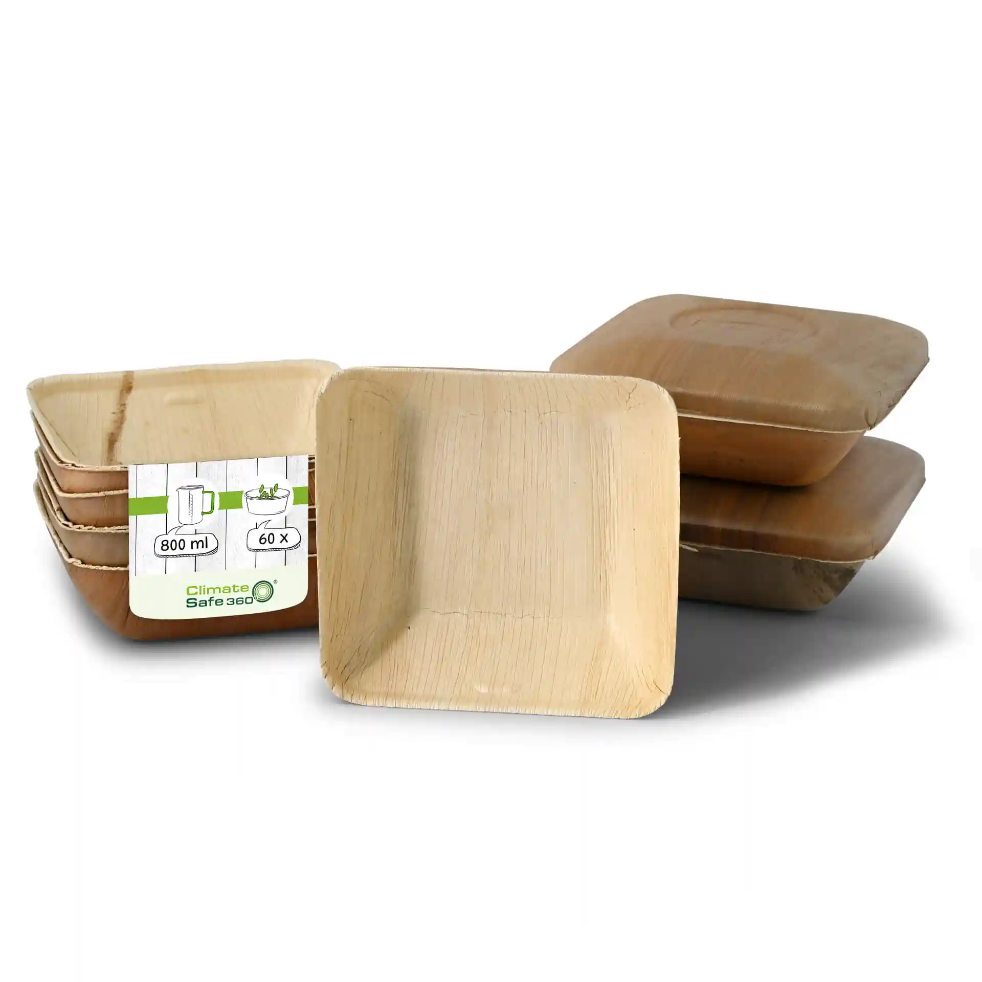 Square palm leaf bowls with a grain texture, shown stacked with a label indicating 800 ml capacity.