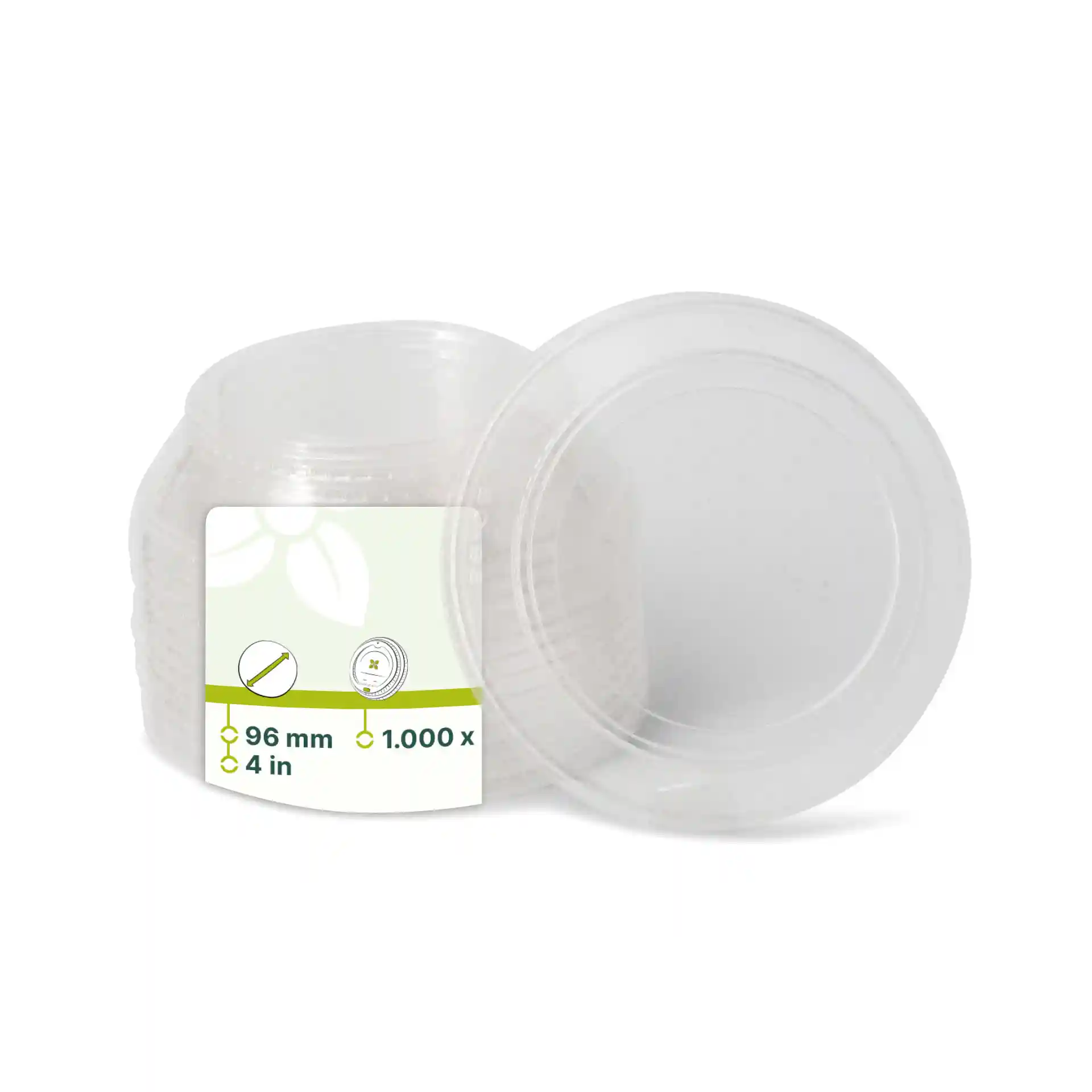 Transparent PLA lid with a diameter of 96 mm, shown with a label and additional lids in the background.
