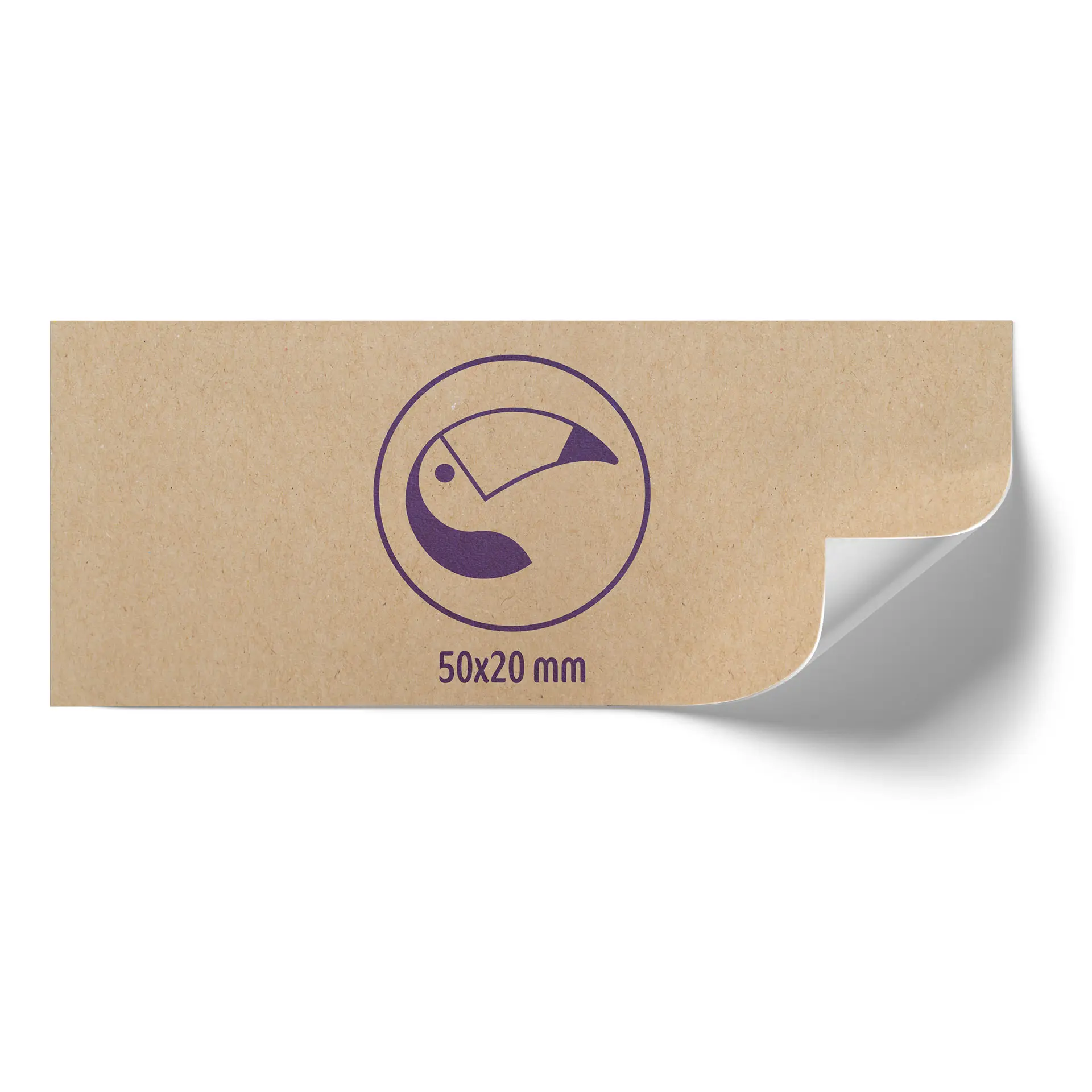 Label with a circular logo and measurements of 50x20 mm on a brown background.