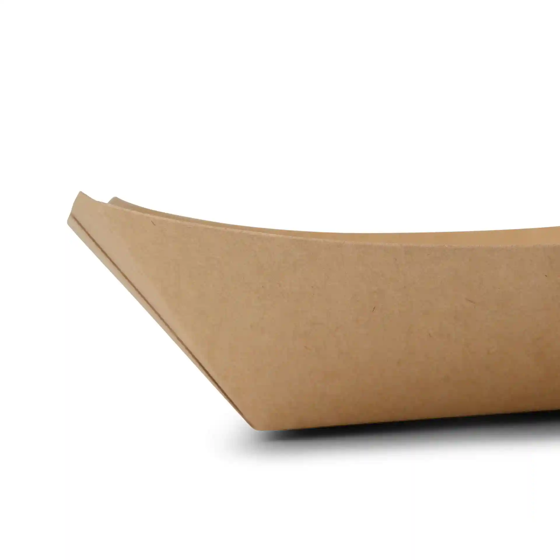 Brown cardboard snack tray with a coated surface, featuring a curved edge and a shallow design.