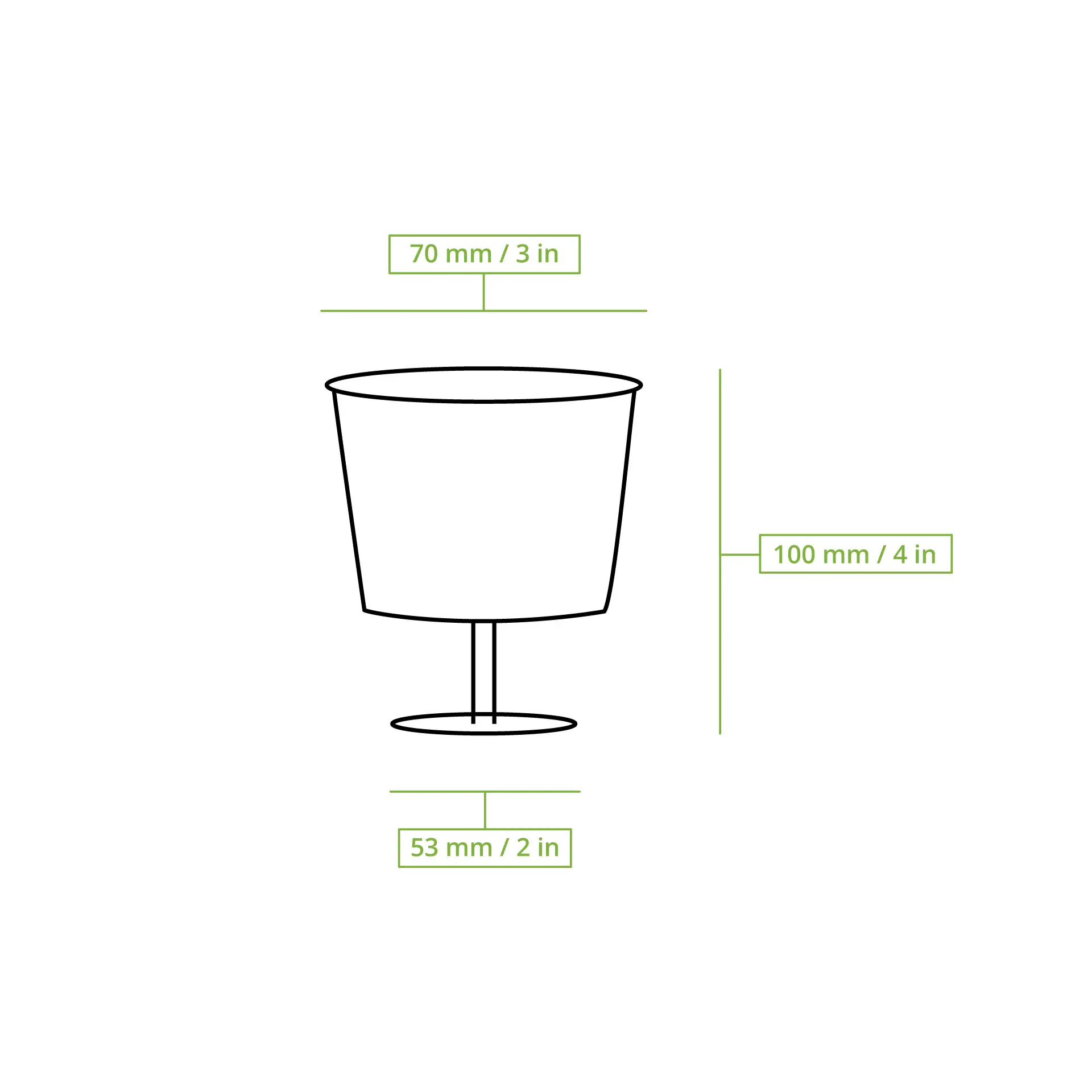 Transparent wine glass with a 200 ml capacity, dimensions indicated: height 100 mm, diameter 70 mm, base diameter 53 mm.