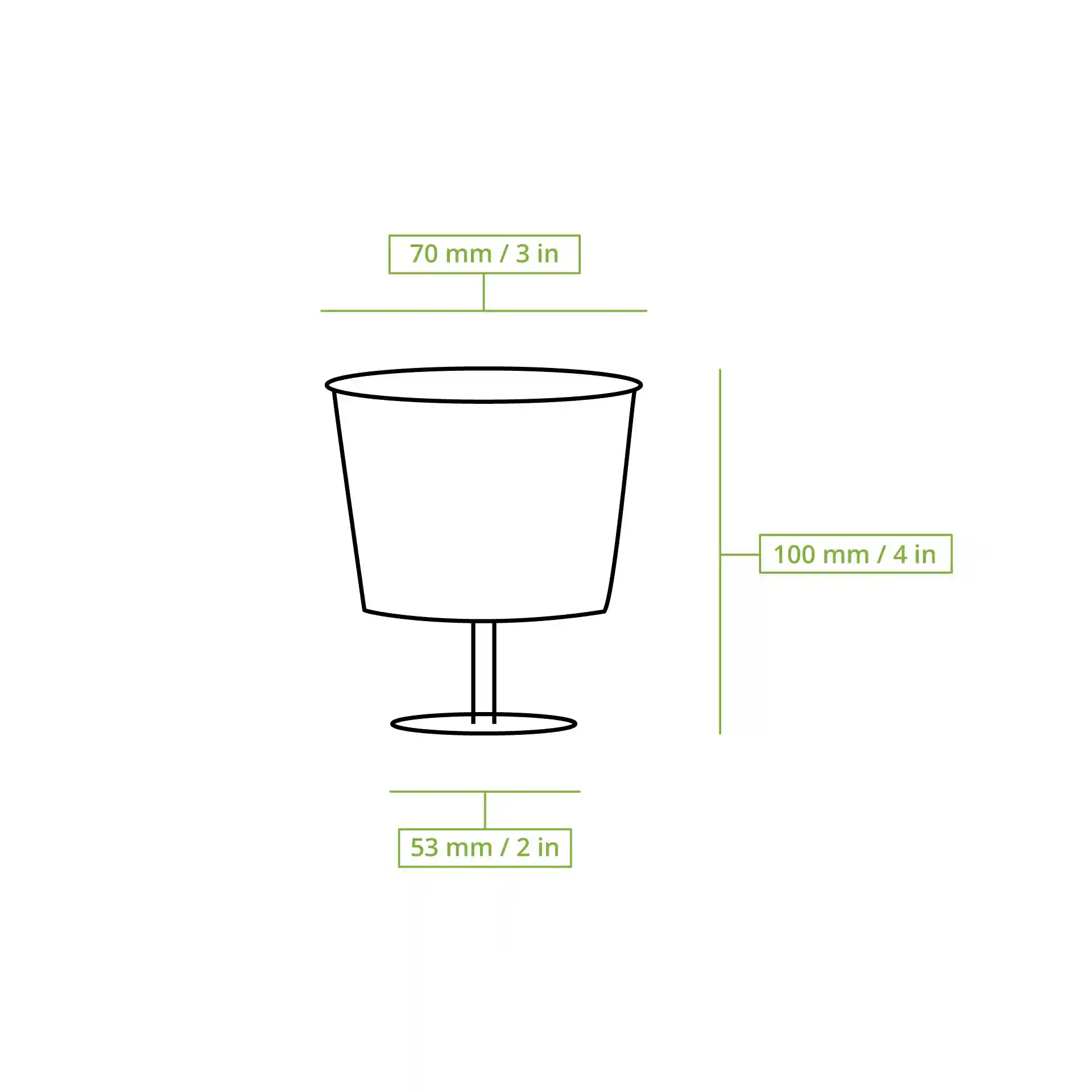 Schematic drawing of a wine glass with dimensions: height 100 mm, top diameter 70 mm, bottom diameter 53 mm.