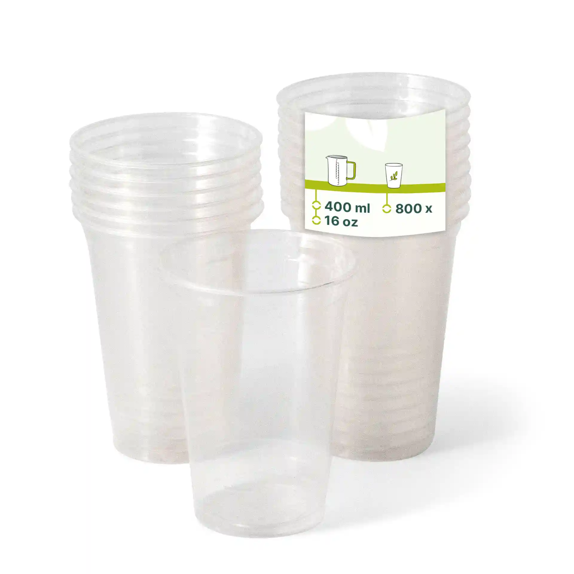 Transparent plastic cups stacked with a label showing 400 ml capacity and 800 count.