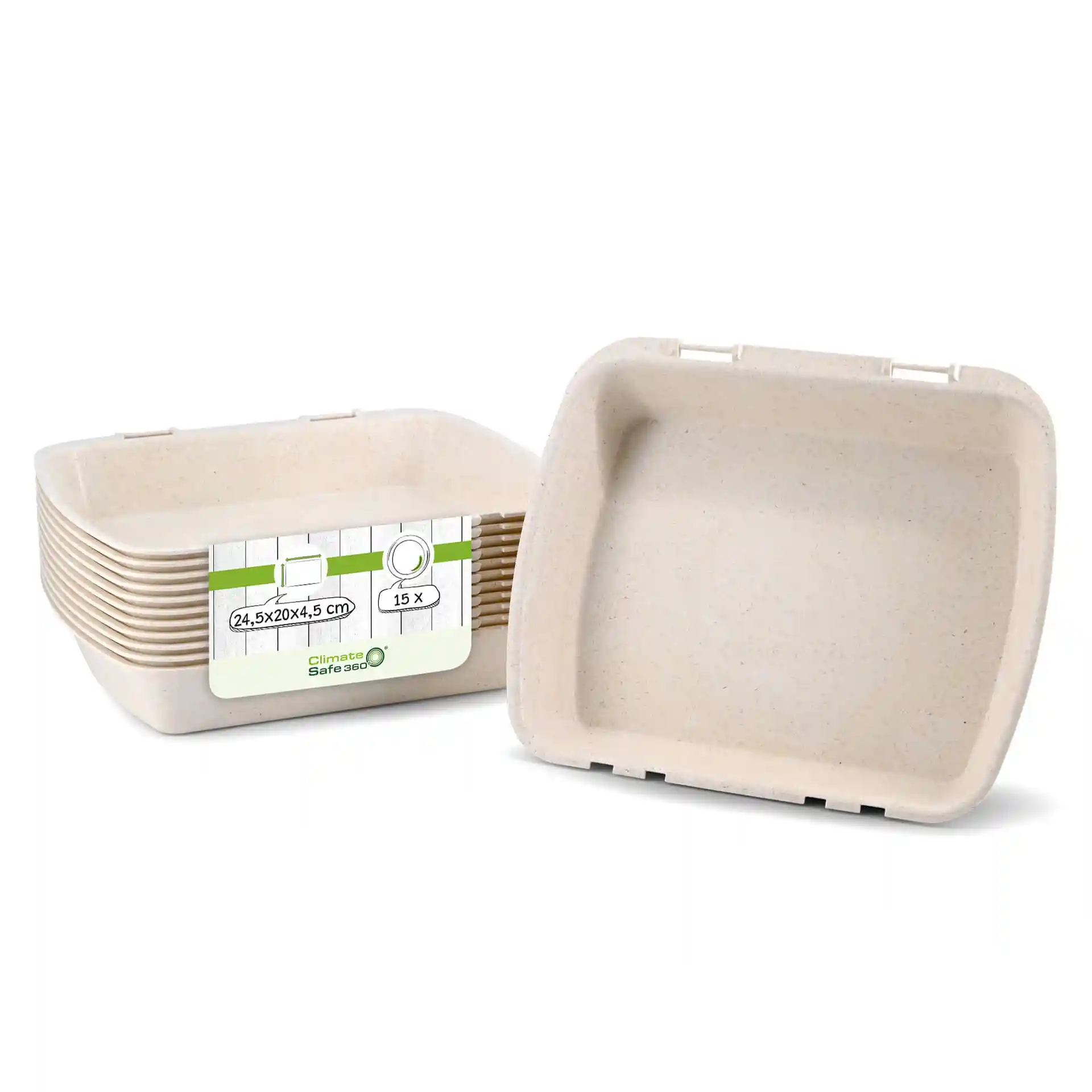 Rectangular reusable menu containers in creamy white, measuring 24.5 x 20 x 4.5 cm, stacked with a label.