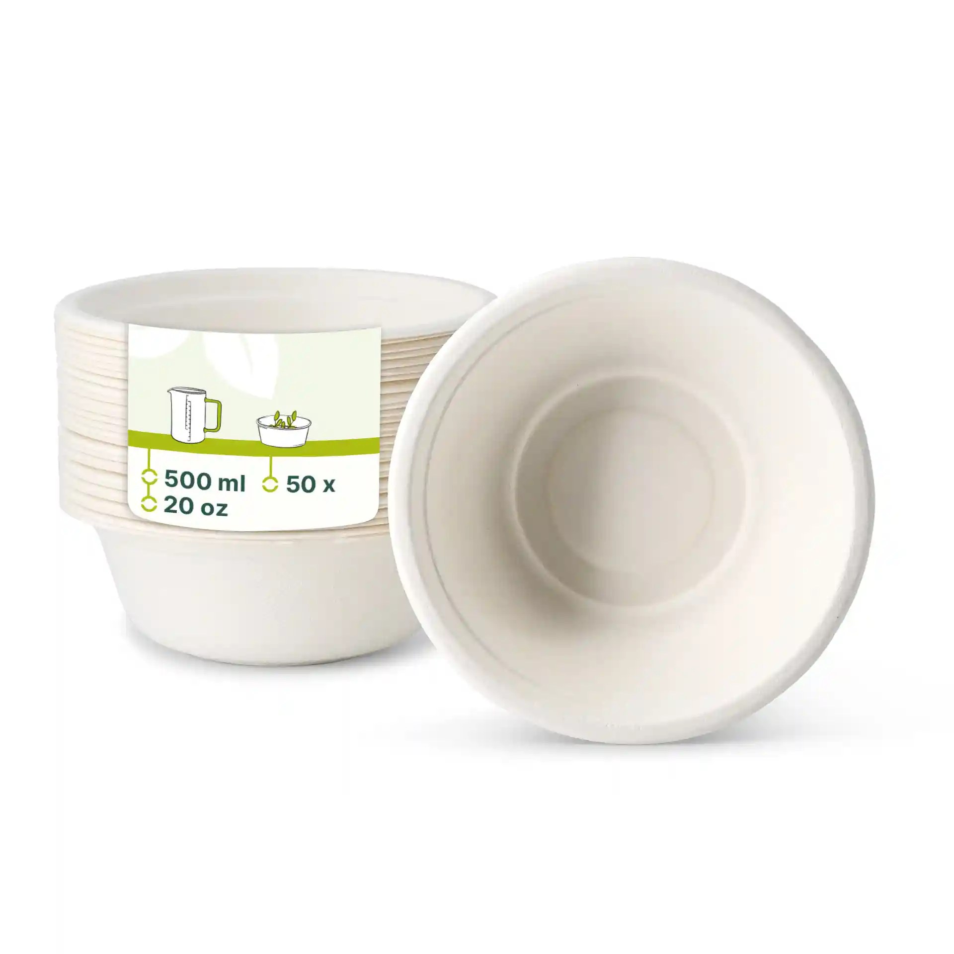 White round sugarcane bowls, 500 ml capacity, shown stacked with one turned to display the interior.