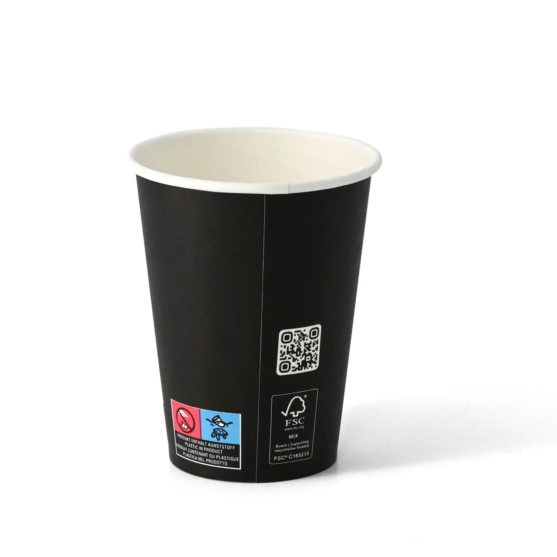 Black paper cup with a PLA-coated interior, 300 ml capacity, and a diameter of 90 mm.