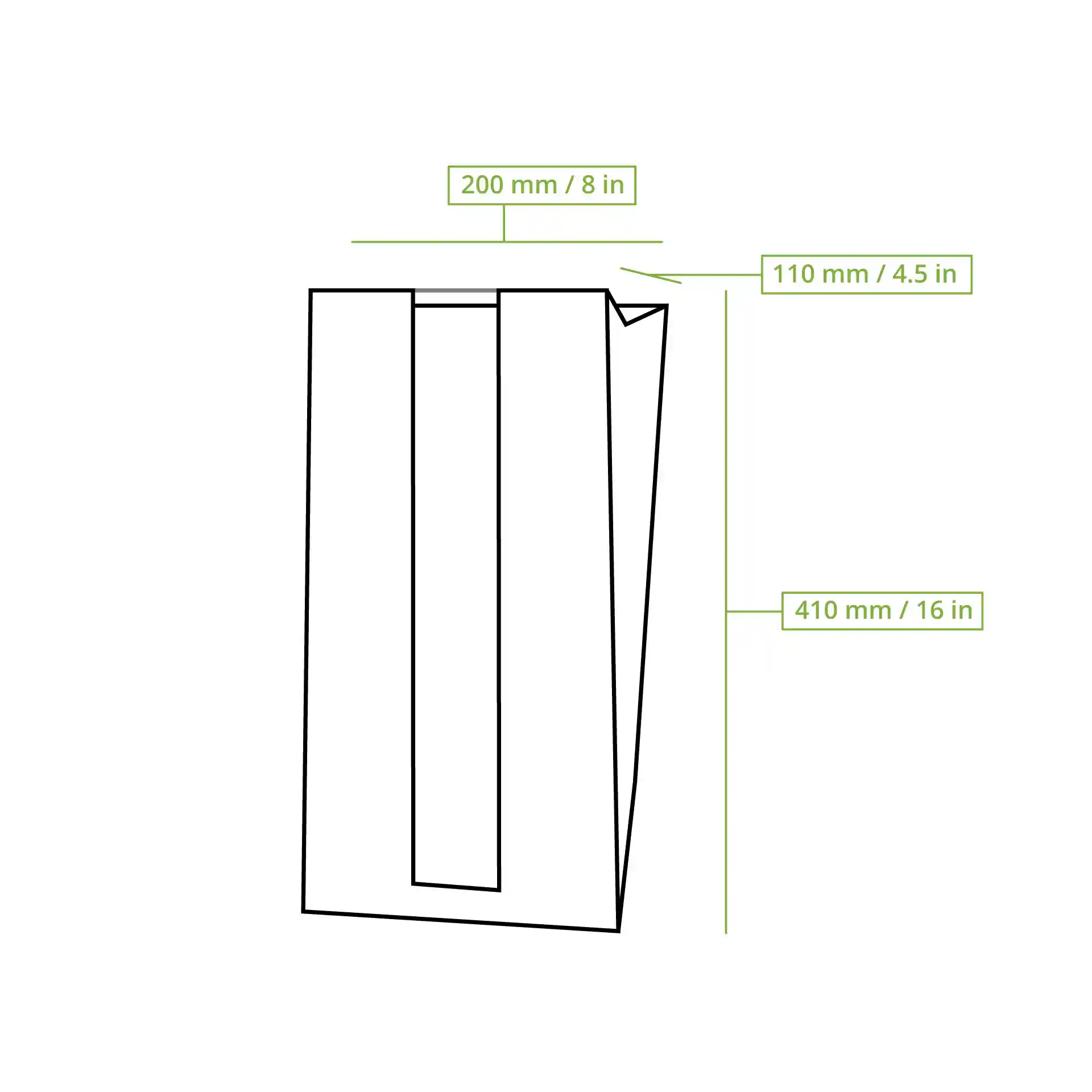 Schematic drawing of a flat paper bread bag with dimensions labeled: 200 mm length, 110 mm width, and 410 mm height.