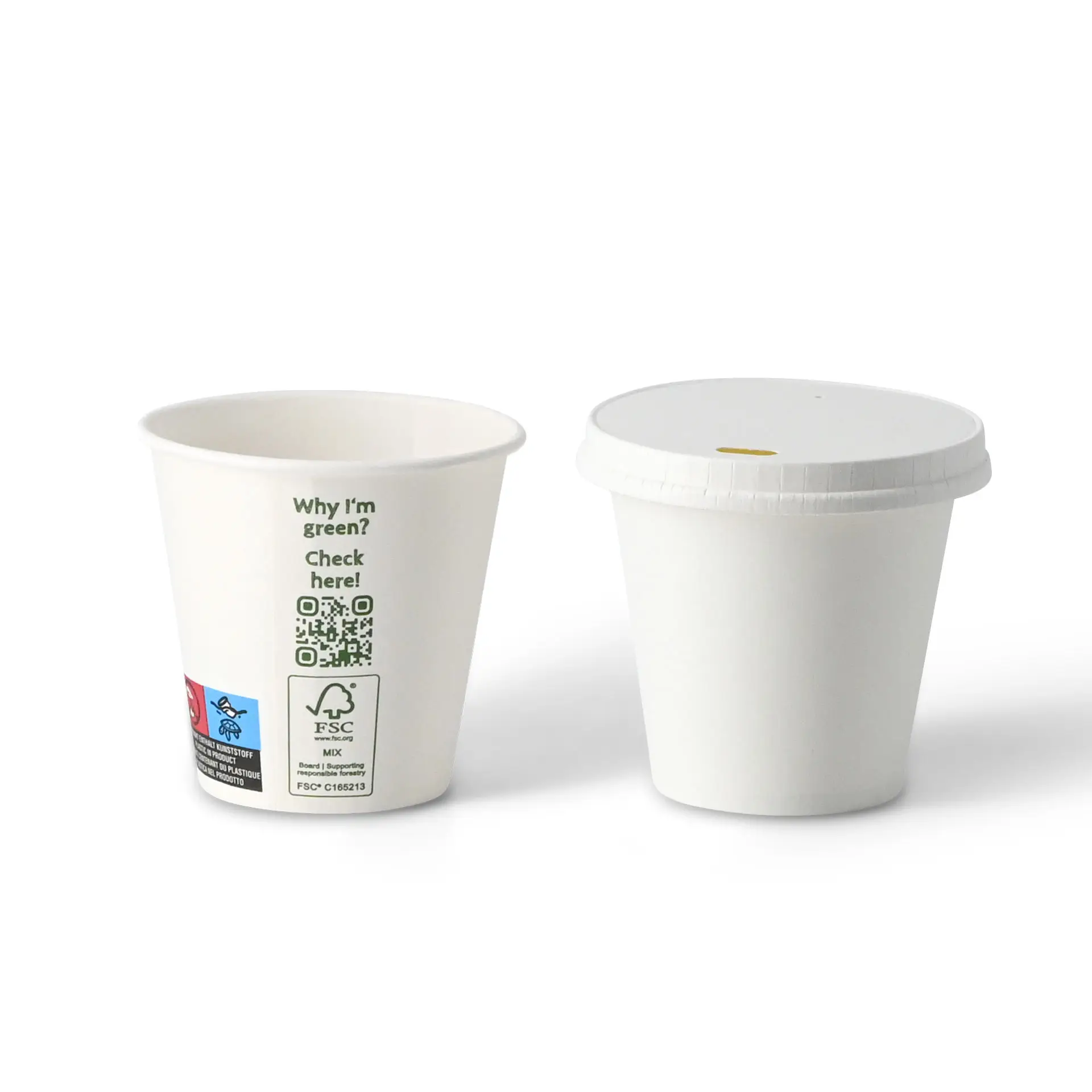 One white paper cup with a printed label and a second white cup with a lid; both cups display eco-friendly markings.