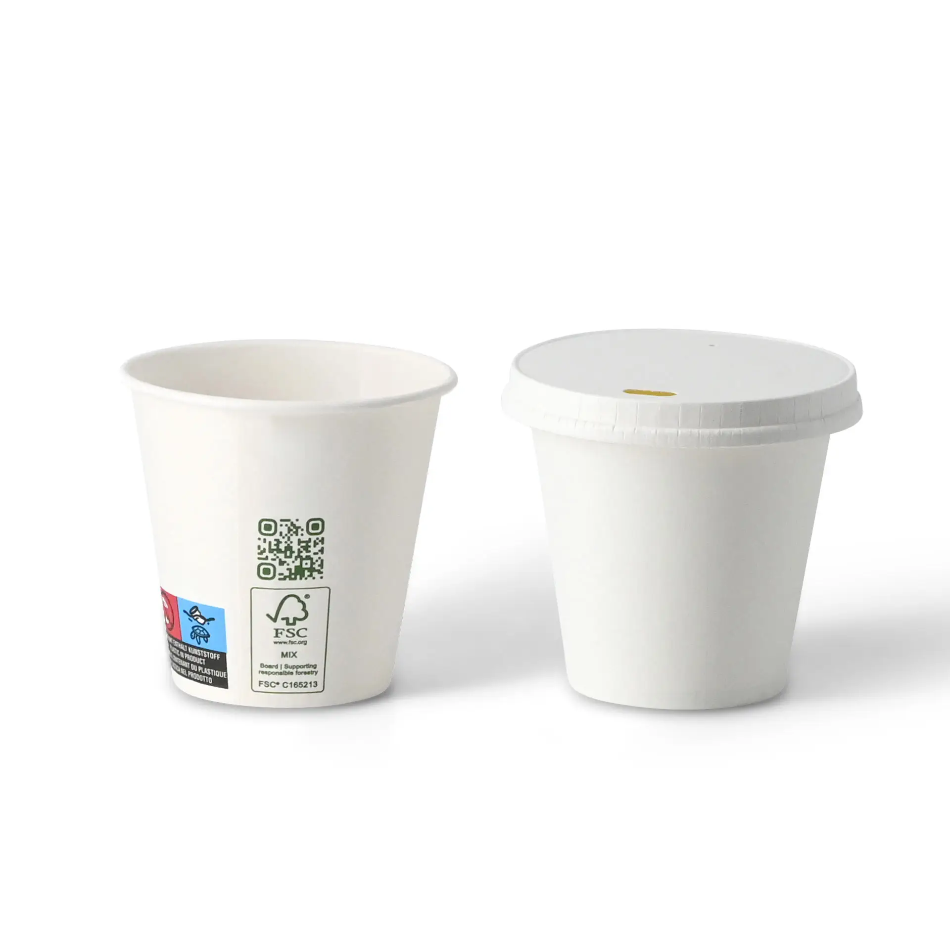 White paper cups with a smooth surface, one with a lid and the other without, displayed on a plain background.