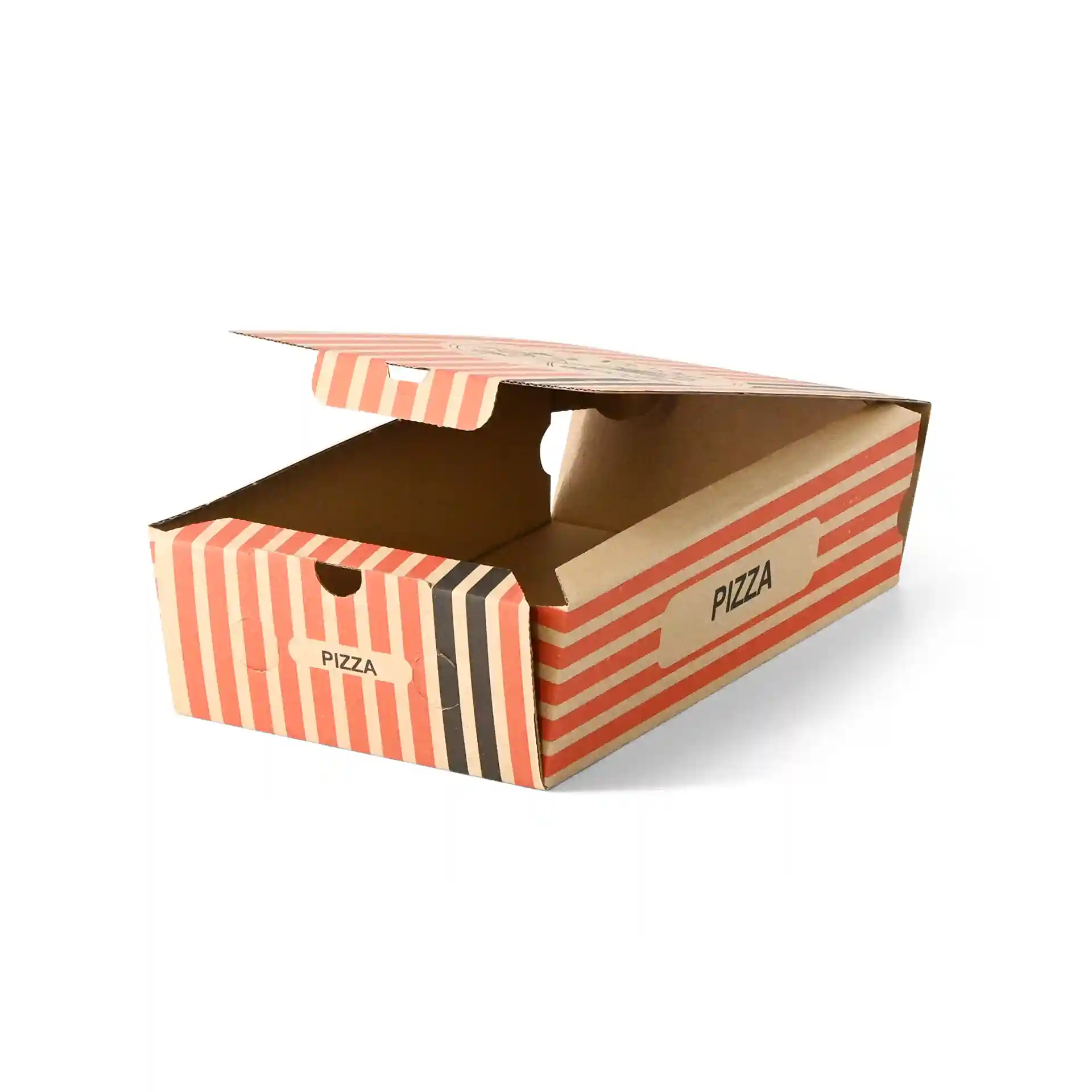 Brown pizza box with a pizza chef design, measuring 27 x 16 x 7 cm, partially open to show interior.