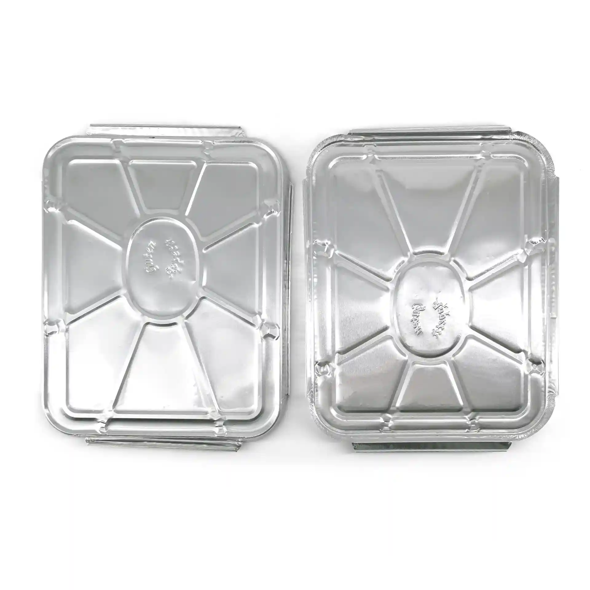 Two rectangular aluminum lids for a two-compartment meal tray, showing a smooth metallic surface and a raised center.