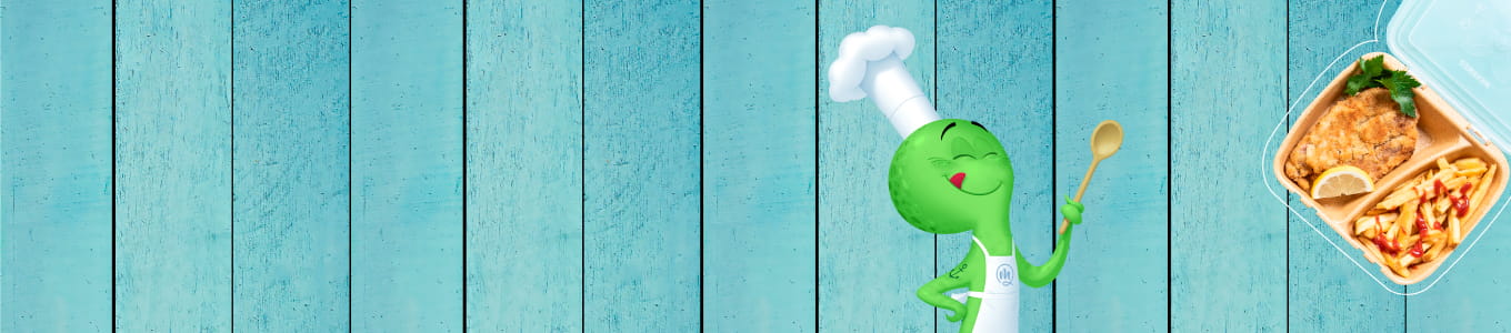 Green cartoon chef character with a spoon next to a container of food; blue wooden background.